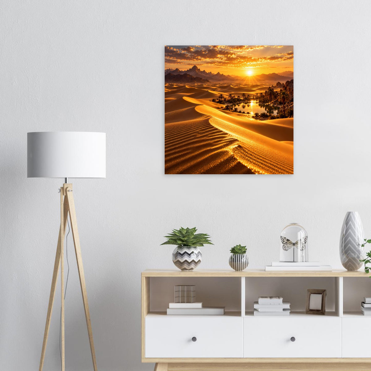 Quadratisches Poster mit Sonnenuntergang, goldenen Dünen und Lichtermeer im Tal