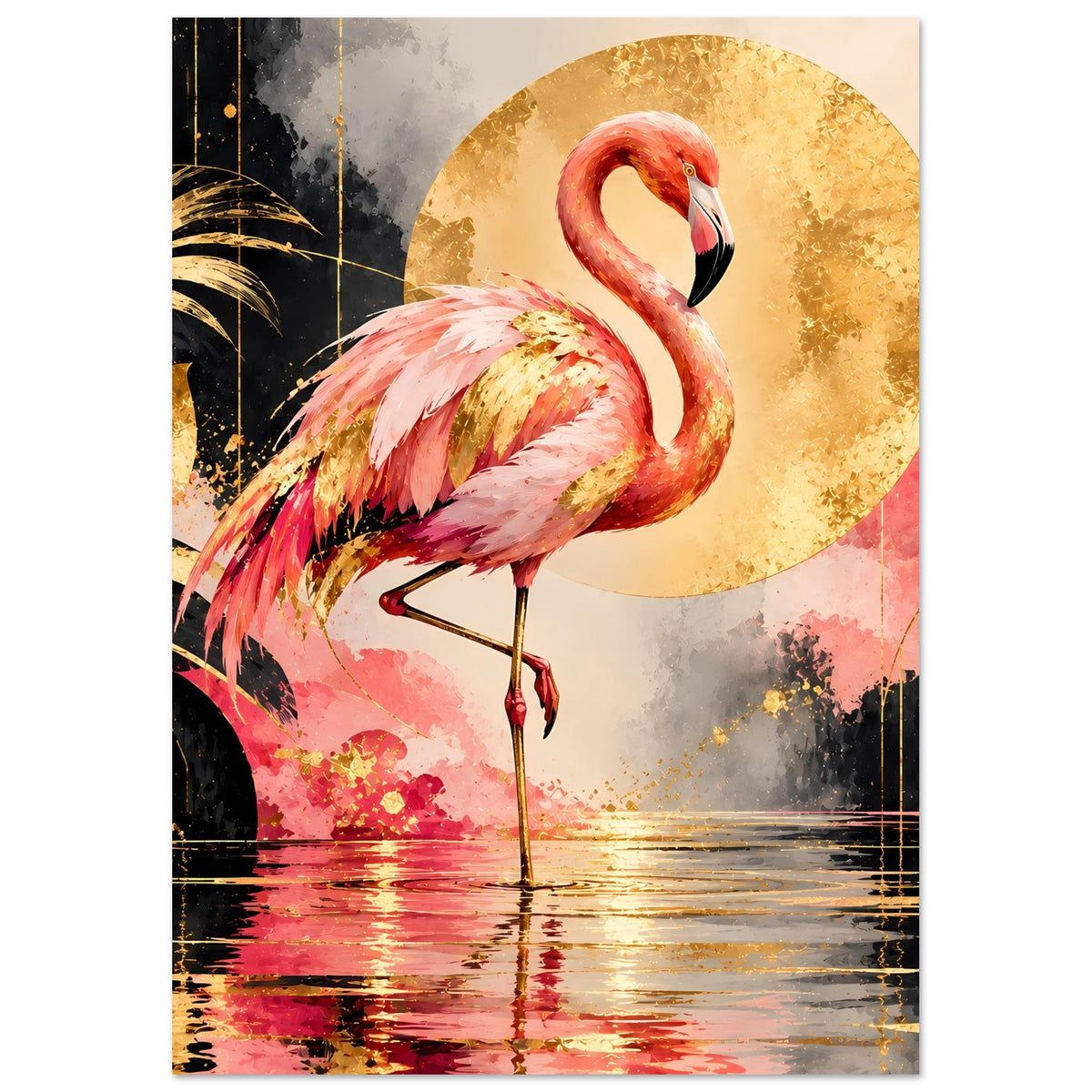 Flamingo-Tierposter im Hochformat: rosa Flamingo, goldener Sonnenkreis und Wasserreflex