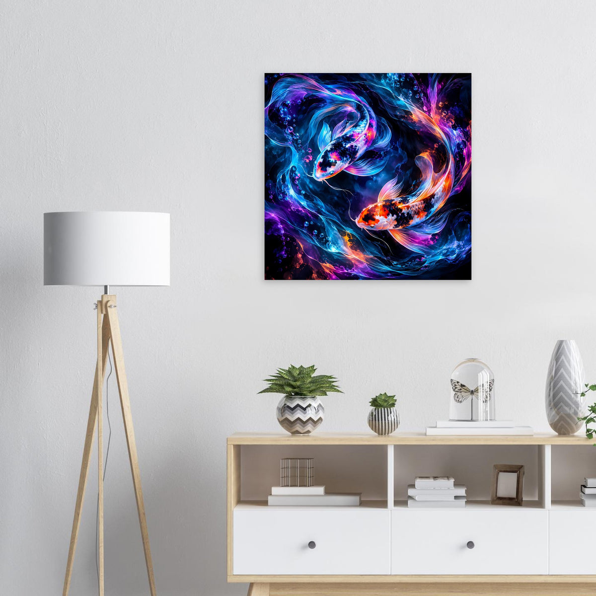 Quadratisches Poster mit leuchtenden Koi-Fischen in Blau, Lila und Orange.