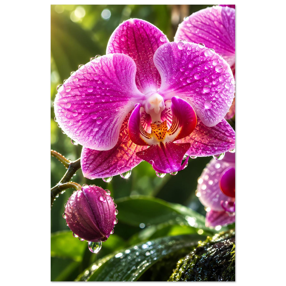 Orchideen-Poster mit pinken Orchideenblüten und Wassertropfen, Nahaufnahme