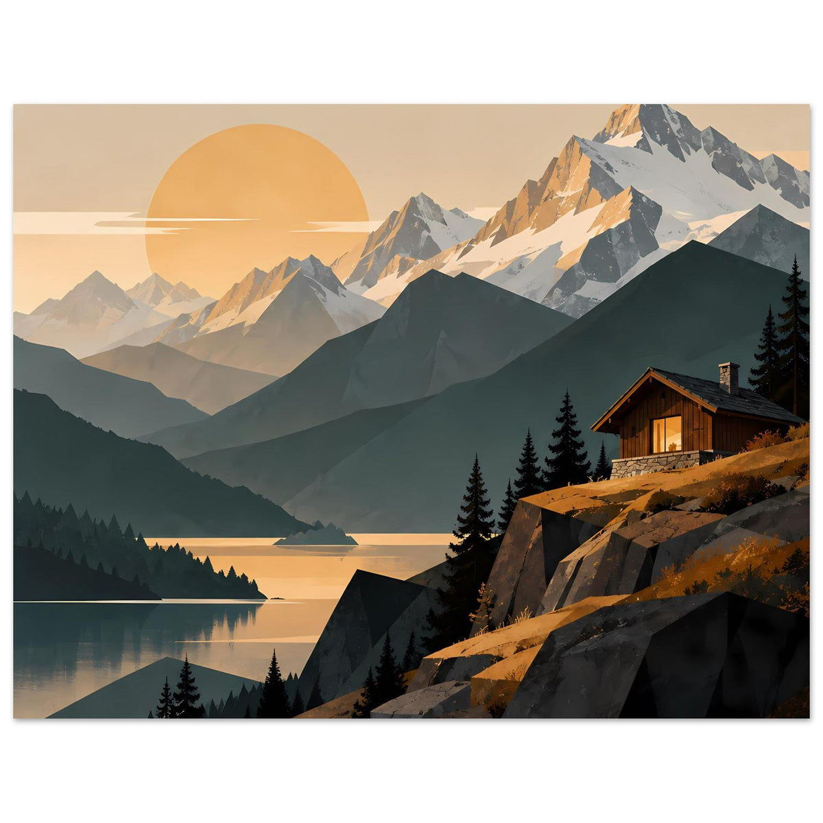 Poster mit Alpenblick: Sonnenkreis, Berggipfel, Seeufer und Holzhaus am Hang