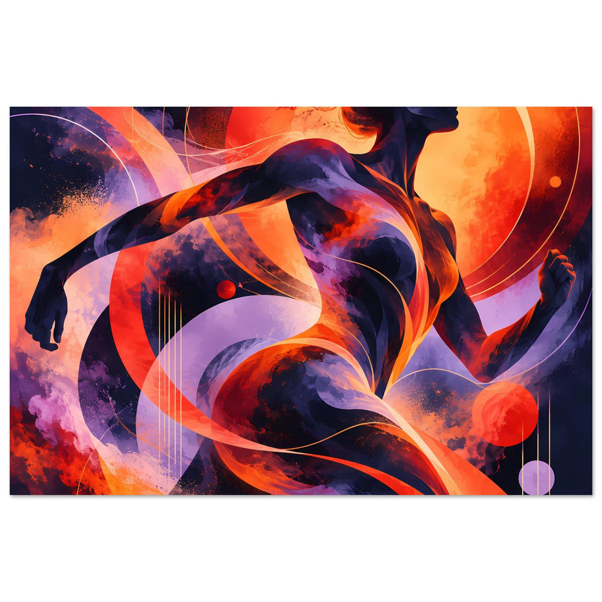 Horizontales Premium-Poster mit Feuer-Comicfrau und kreisförmigen Elementen in Rot, Lila und Blau.