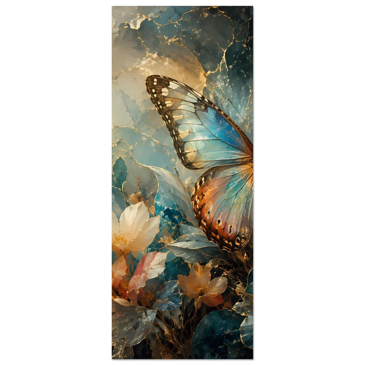 Vertikales Poster mit Schmetterling über Blüten, warmes Blau und goldene Farbakzente