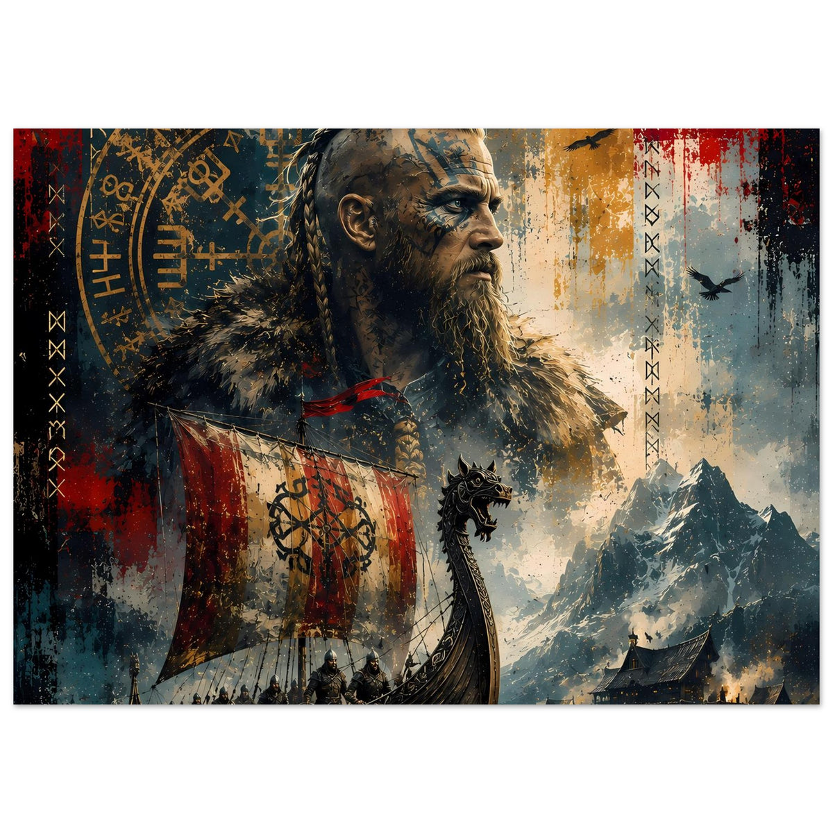 Wikinger-Legendenposter mit Kriegerprofil, rotem Schiffssegel, Runen und rauchenden Bergen