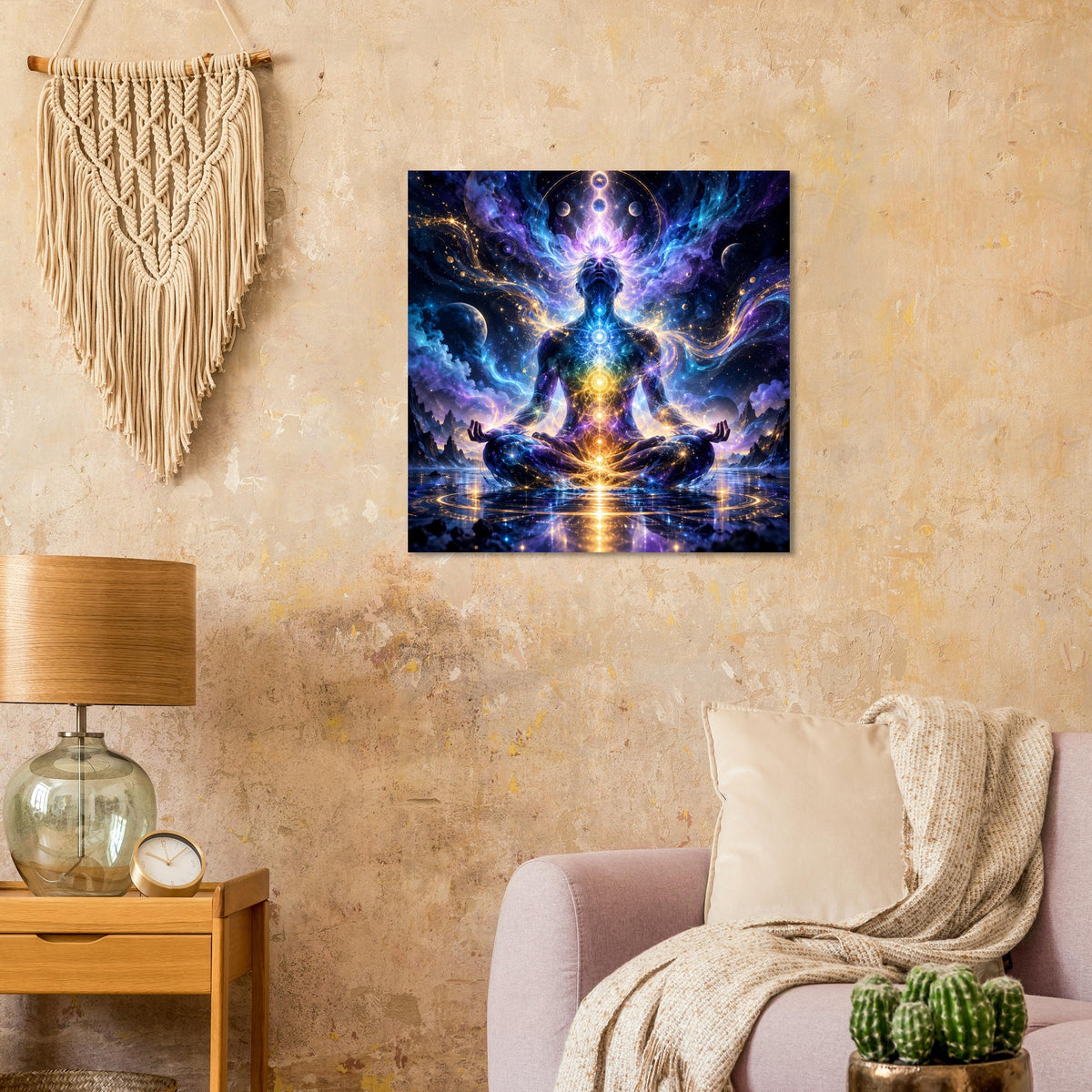 Spirituelles Poster: zentrierte Chakra-Gestalt in kosmischen Farben, leuchtende Symmetrie