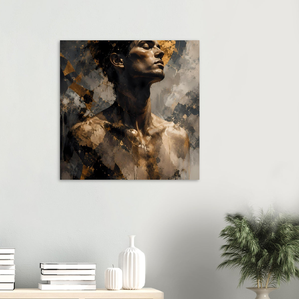 Abstraktes Männerporträt-Poster im Hochformat, kräftiger Kontrast in Gold, Beige und Schwarz