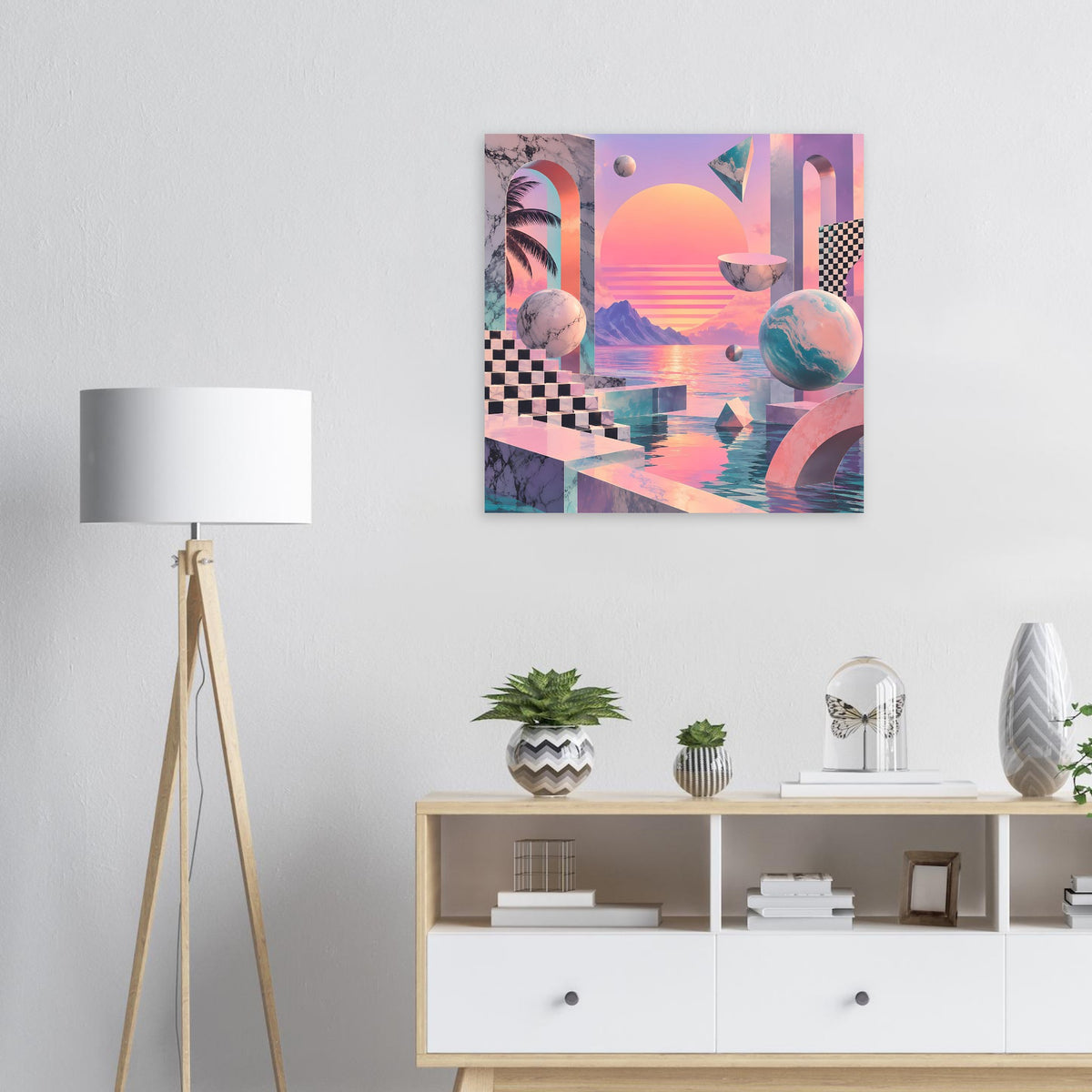 Quadratisches Poster mit surrealer Sonnenuntergangslandschaft und geometrischen Formen, bunt