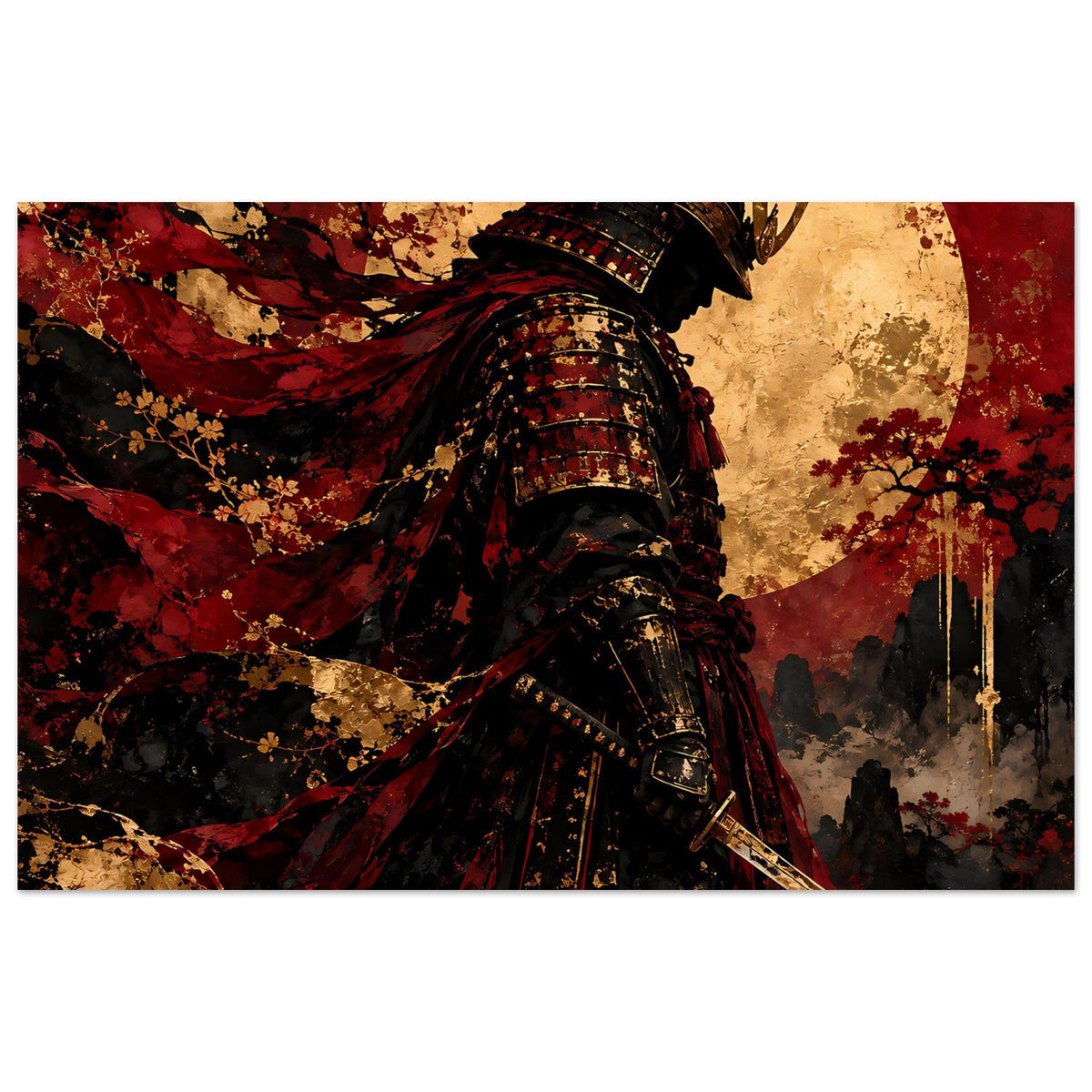 Japan-Poster mit Samurai-Krieger in Rüstung, rotem Umhang und Katana vor goldenem Mond