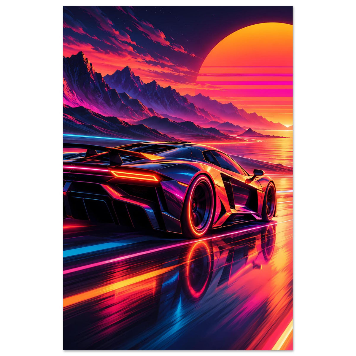 Vertikales Poster: futuristisches Neon-Supercar mit Frontspoiler, Felgen und Lichtspuren