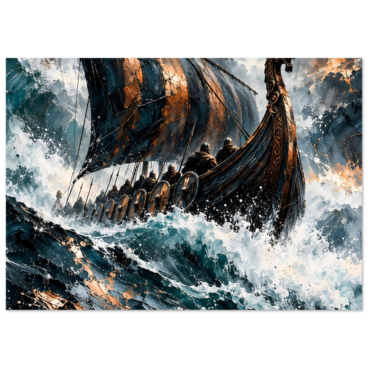 Wikinger-Longship Poster: Horizontales Motiv mit Langschiff, Segel, Kriegern und schäumenden Wellen