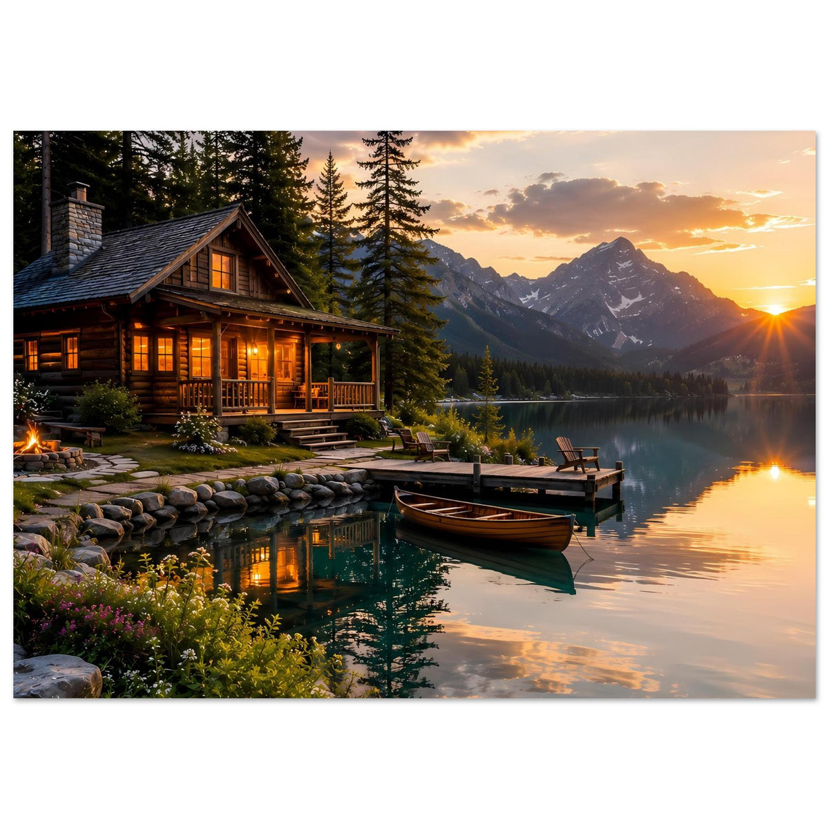 Querformat-Poster: Chalet am See bei Sonnenuntergang, Berge im Hintergrund und Boot.