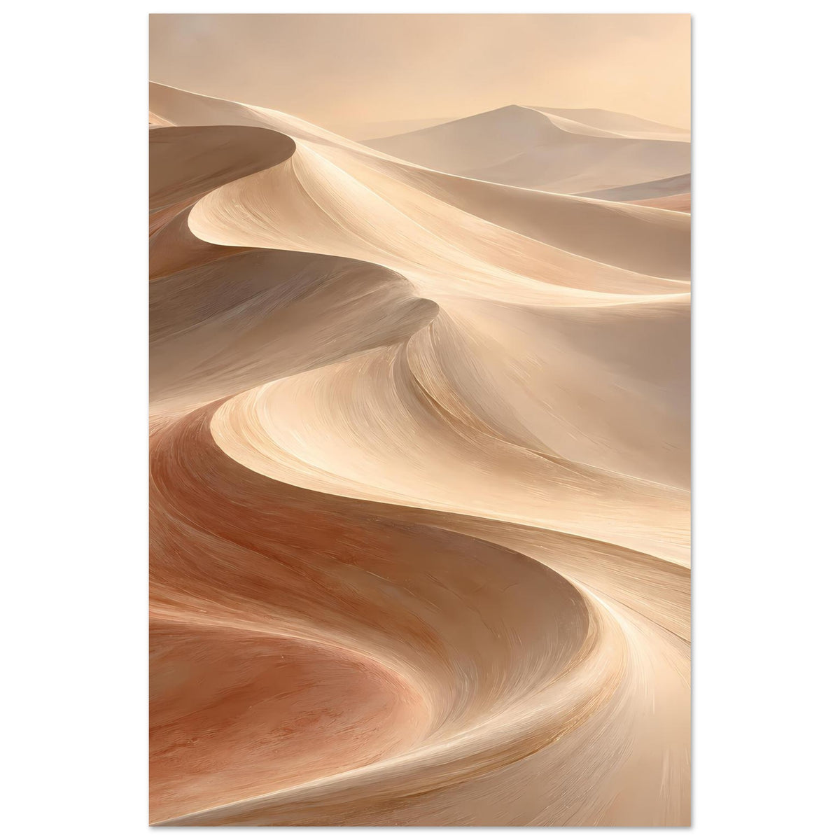 Sanddünen-Poster im Hochformat, geschwungene Dünen in Beige-, Braun- und Grauschattierungen.