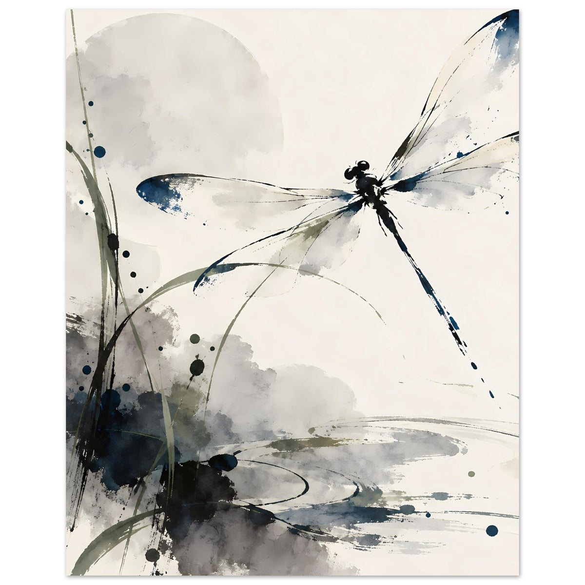 Aquarell-Poster: Libelle mit Flügeln in Blau, graue Wasserfarben und schwarze Sprenkel, abstrakte Linien
