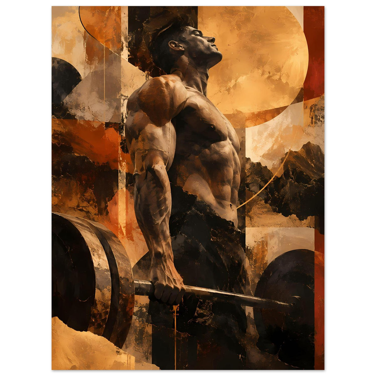 Fitness-Artposter mit aufgemaltem Hund am Hantelgriff in warmen Erdtönen, vertikal