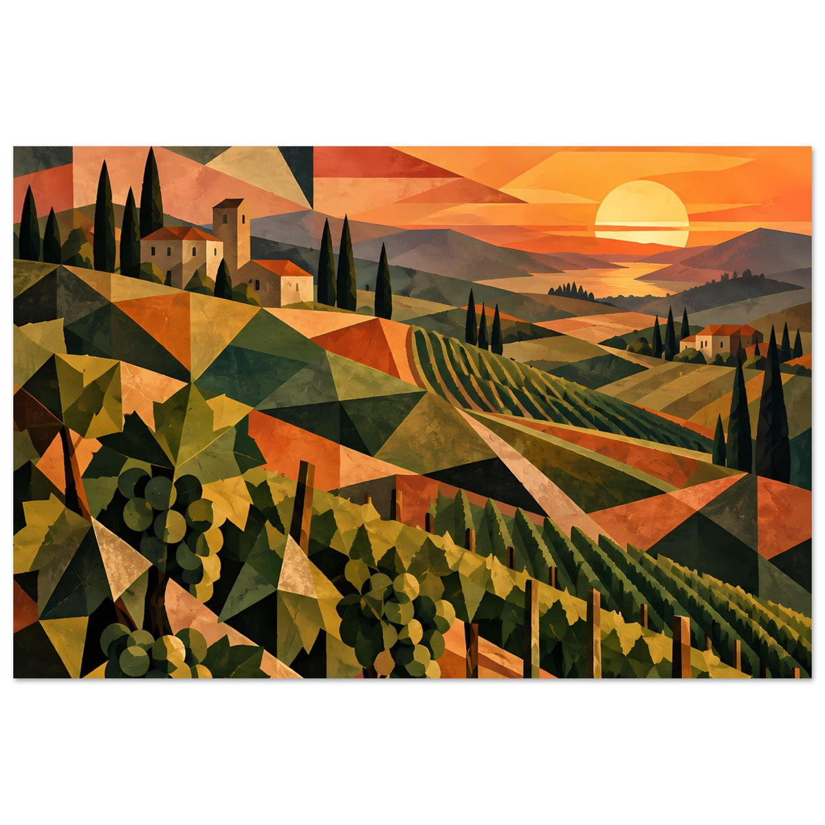 Horizontales Poster der Weinberge: geometrische Flächen, Zypressen, Häuser und orange Sonne