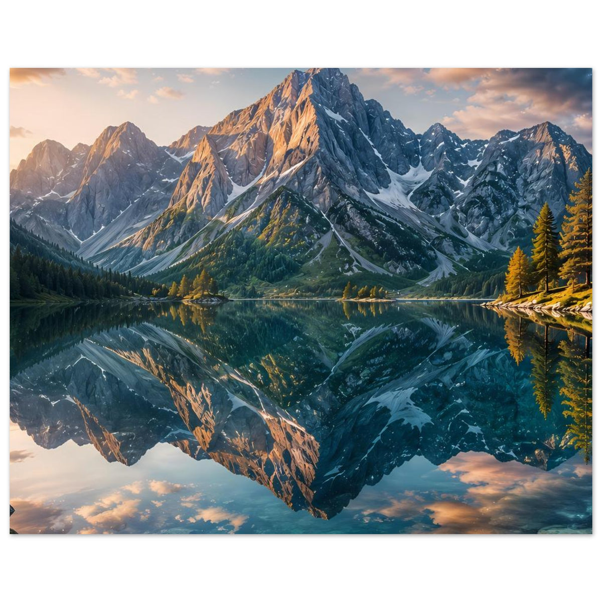 Poster mit Bergpanorama und spiegelndem See, warmes Abendlicht und Nadelbäume