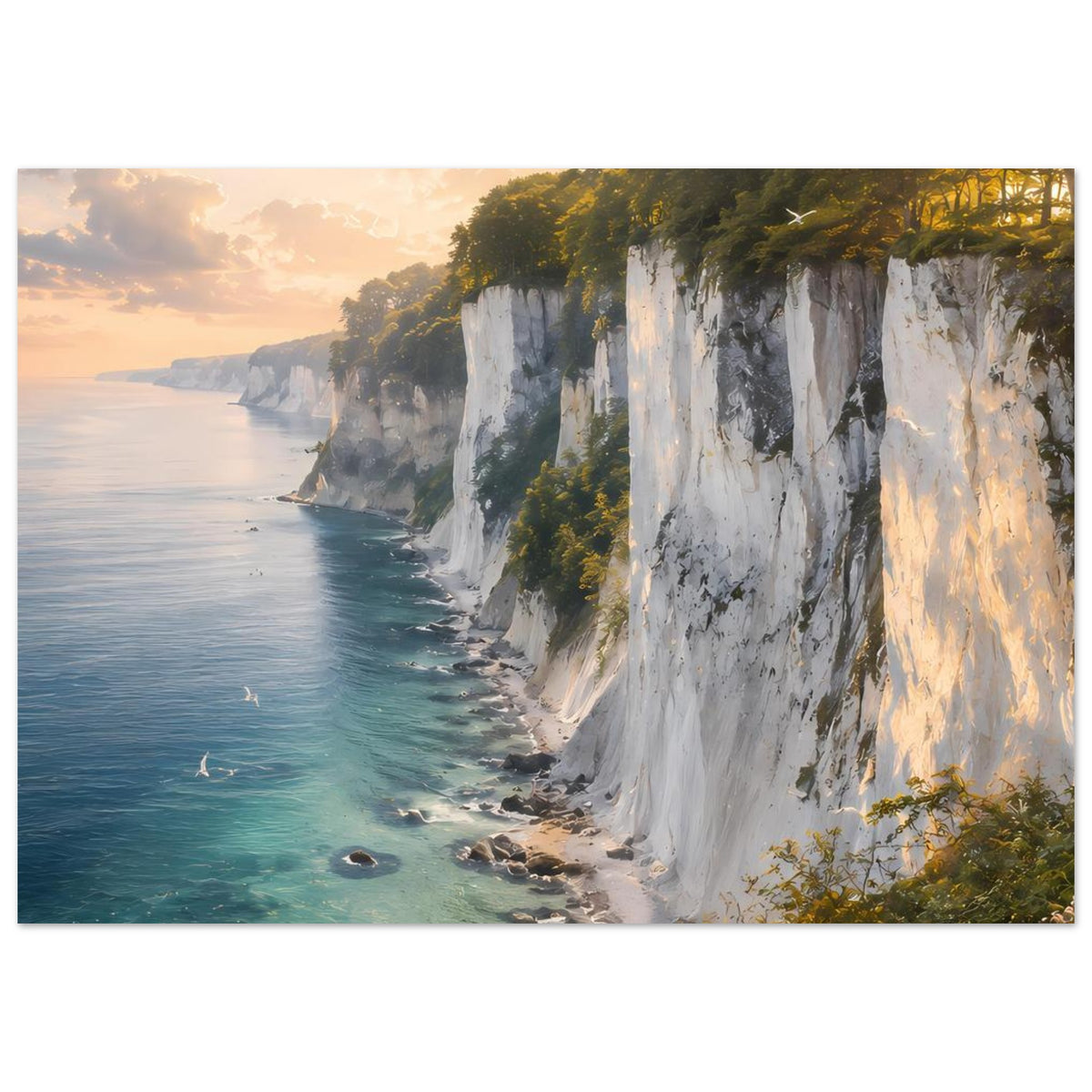 Horizontales Poster: Steilküste mit weißen Felsen, türkisfarbenem Wasser und orangefarbenem Himmel.