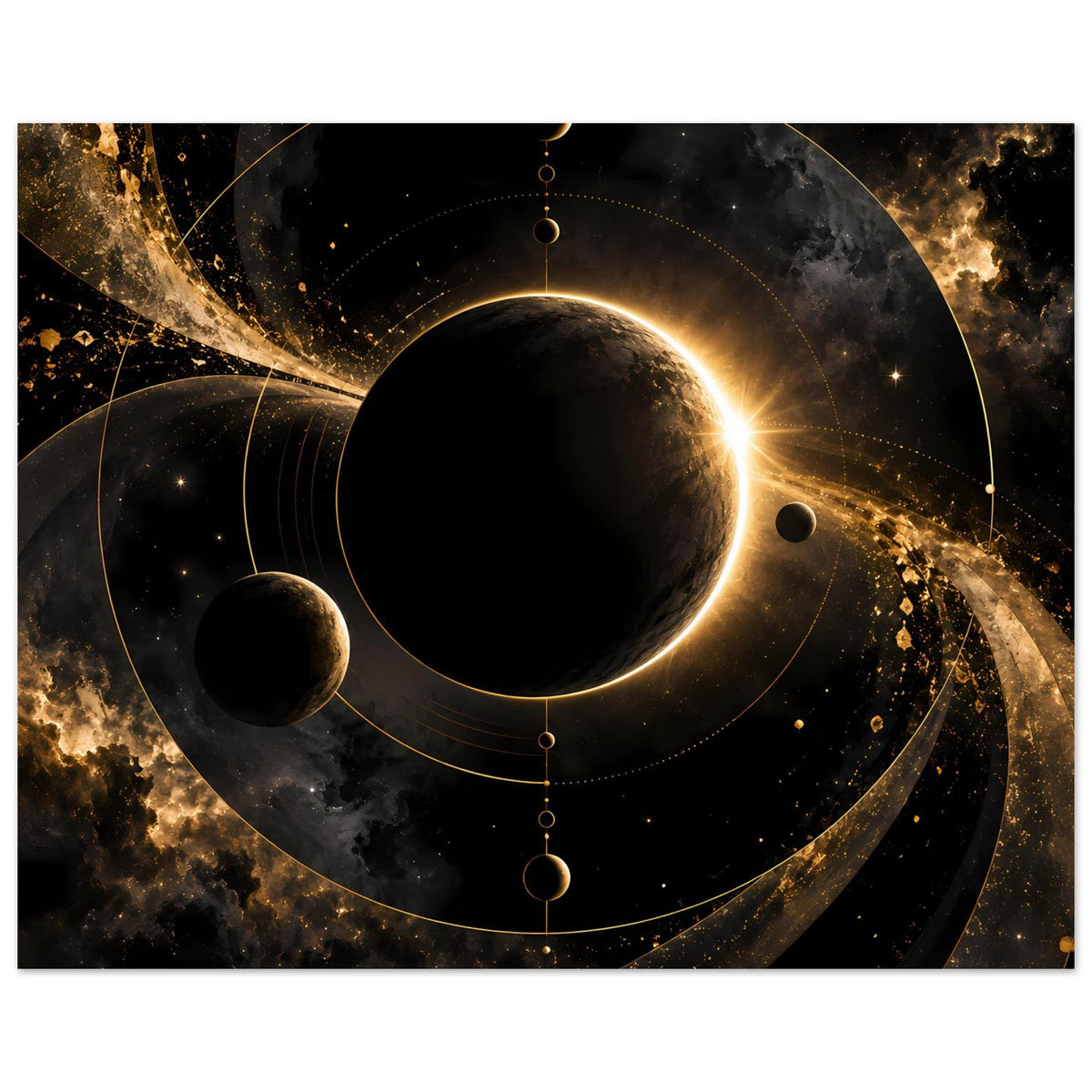 Weltraum-Poster mit Planetensystem: dunkler Planet, goldfarbene Ringe und Funkenstaub