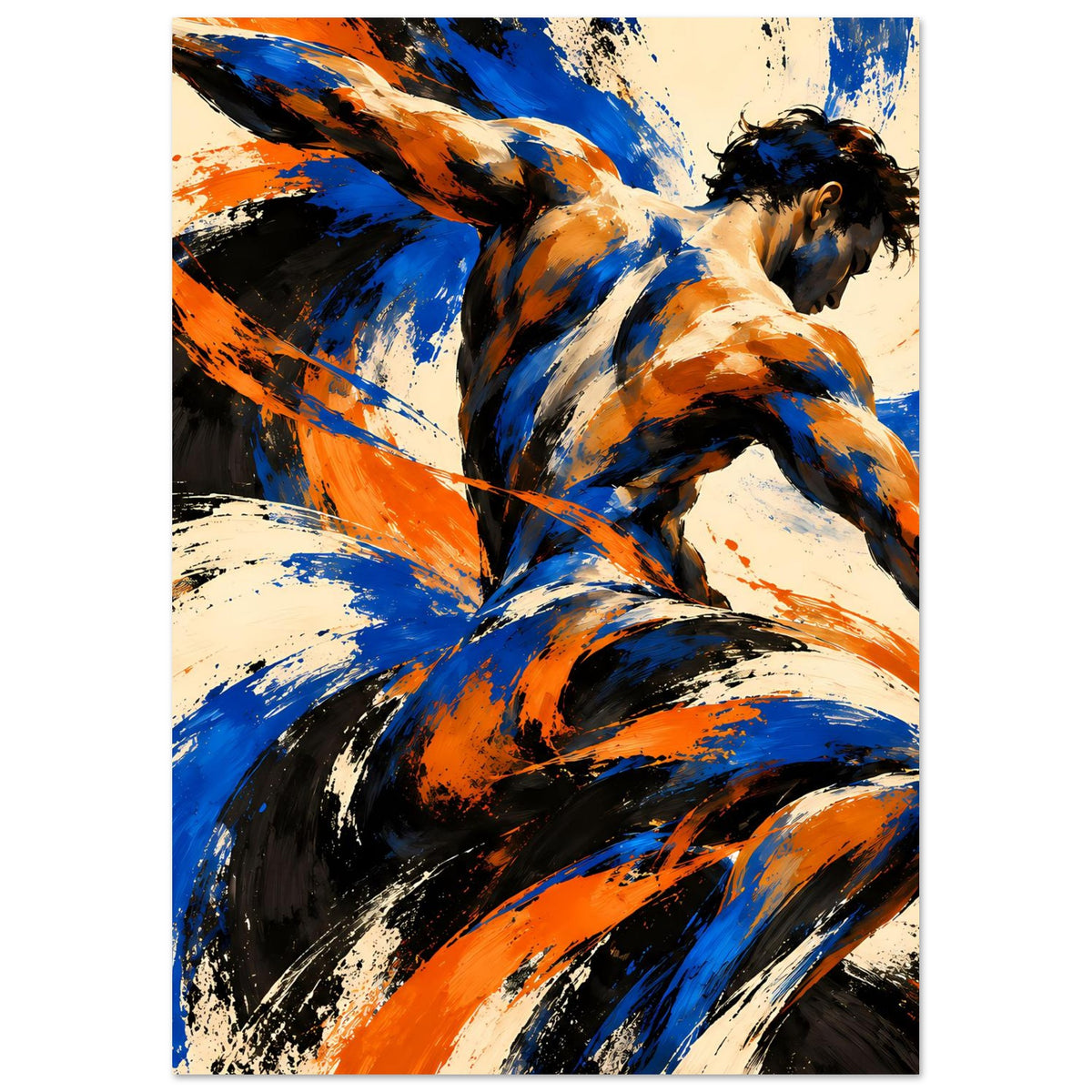 Kunstposter mit abstrakter Aktfigur, Fokus auf Oberkörper und blaue Pinselwirbel
