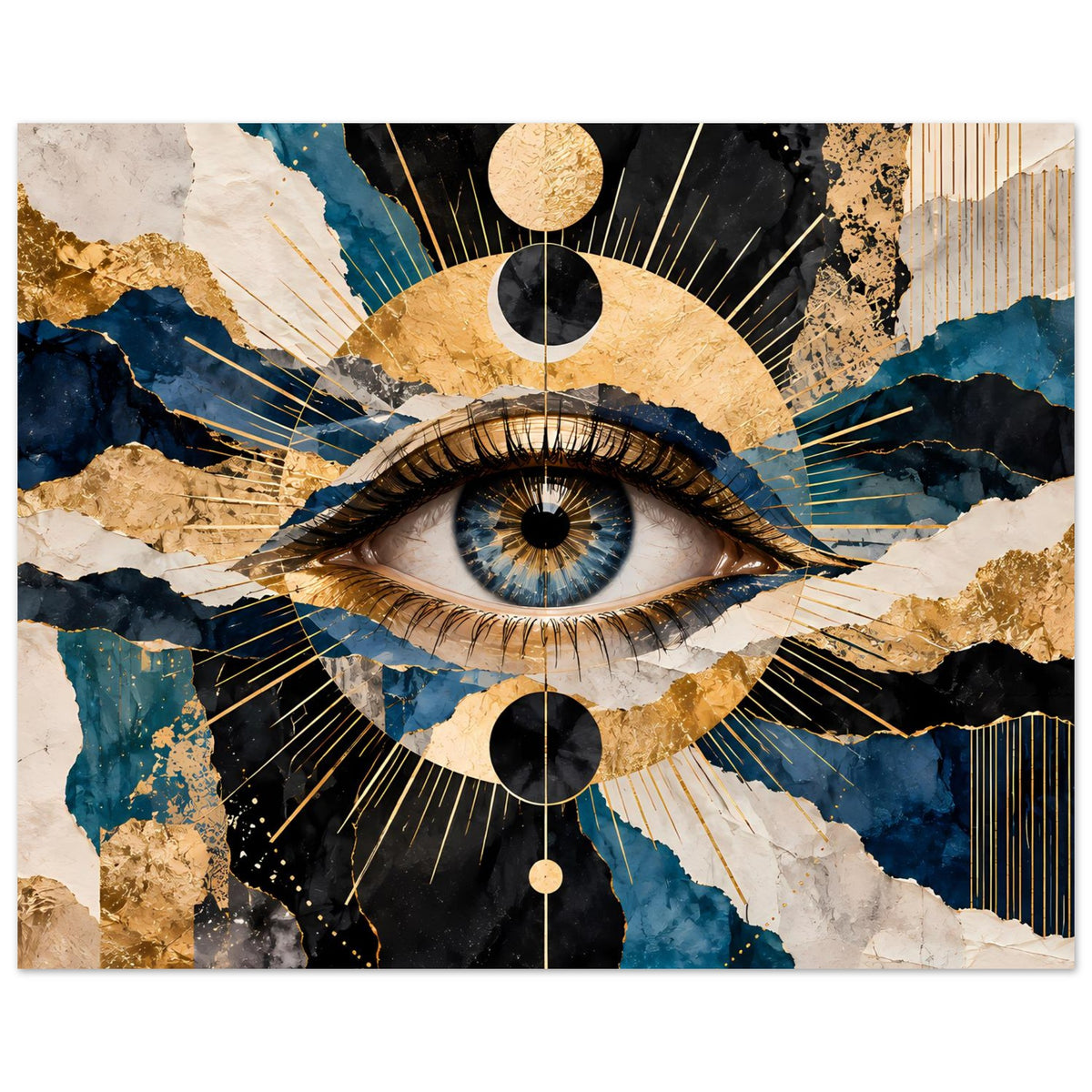 Querformat-Poster mit Auge in Blau und Gold, schwarzem Hintergrund und goldenen Linienstrahlen.