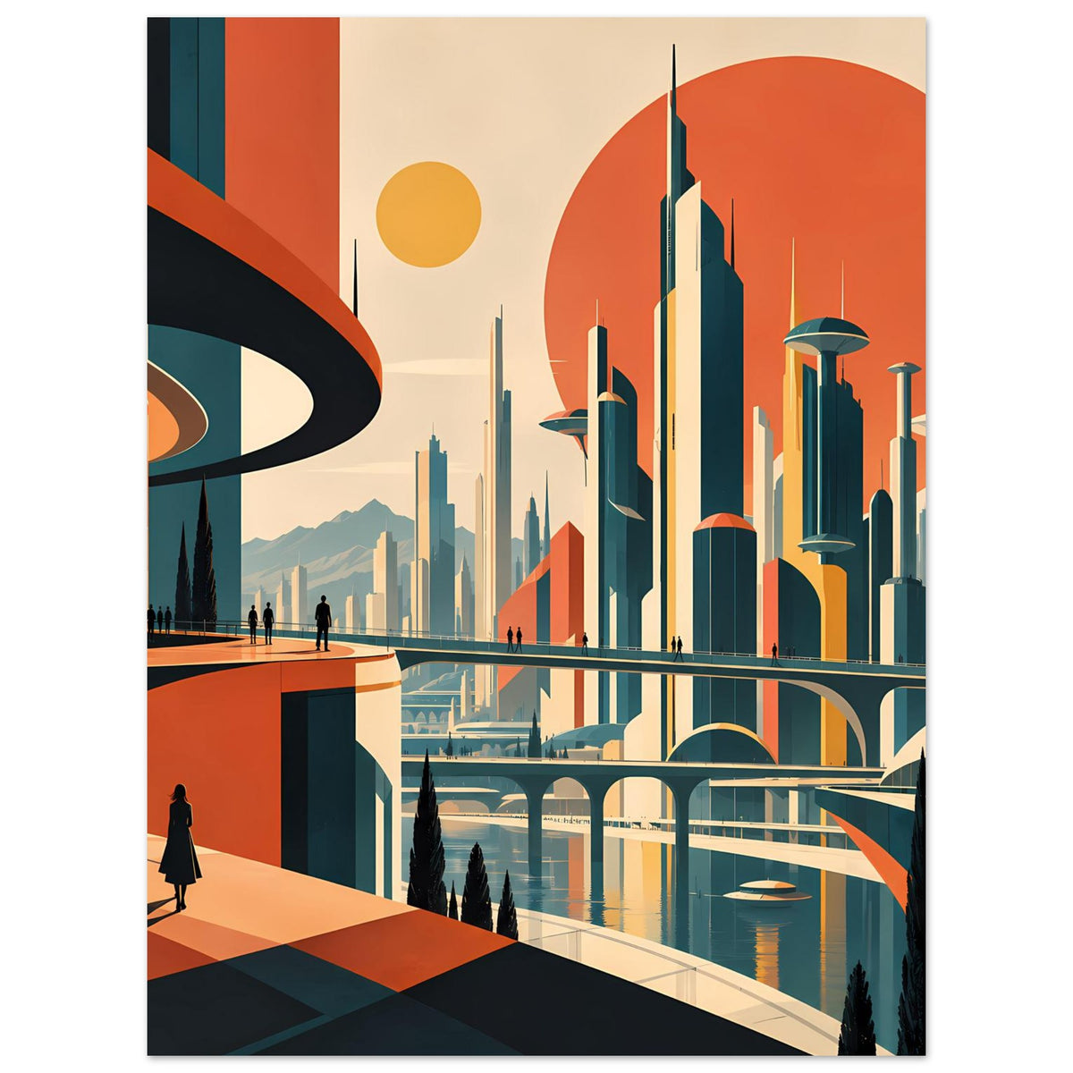 Poster mit Stadtskyline, großer Sonne, hohen Türmen und Promenade mit Figuren im Vordergrund