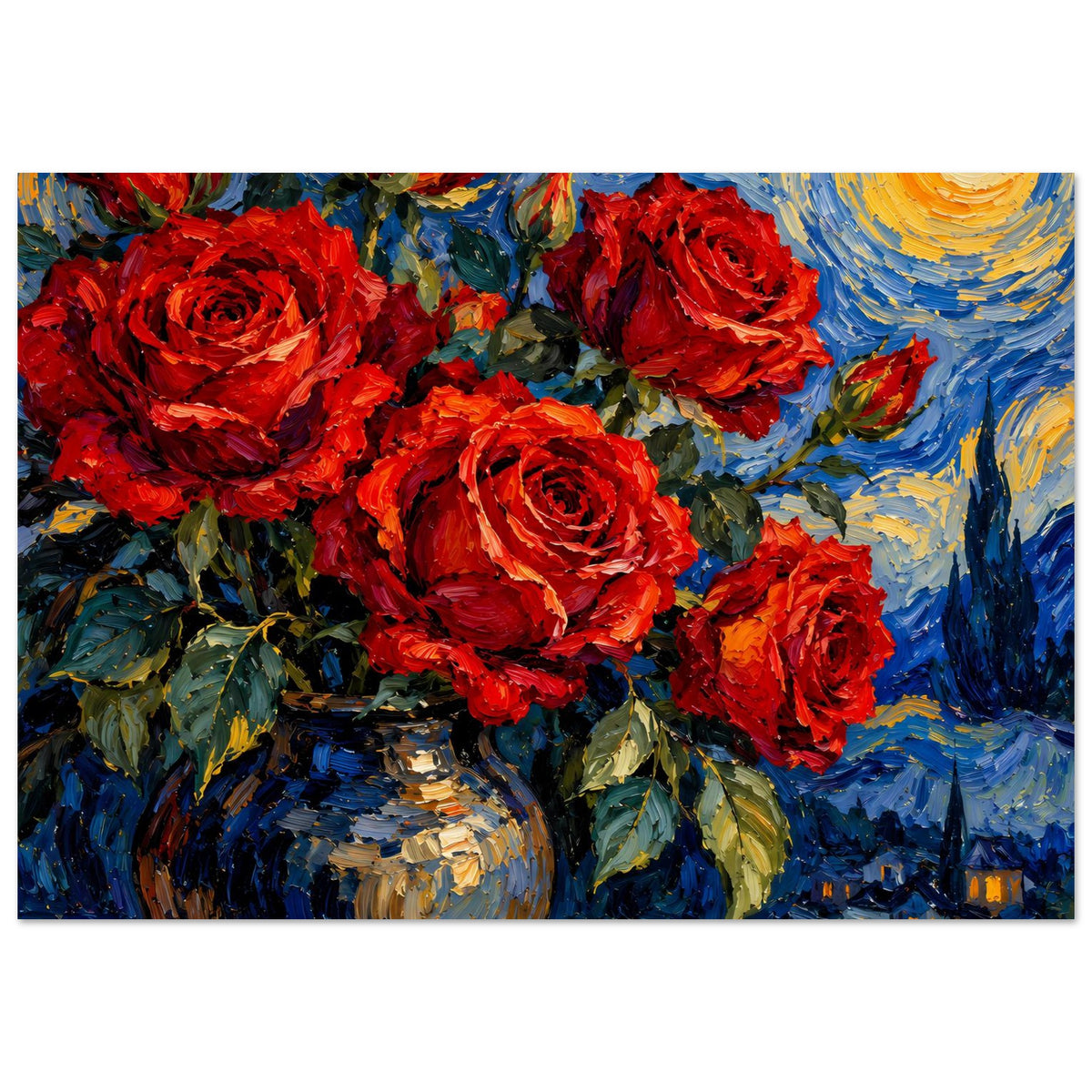 Poster mit rotem Rosenstrauß und Vase, blau-goldener Hintergrund mit gemaltem Nachthimmel