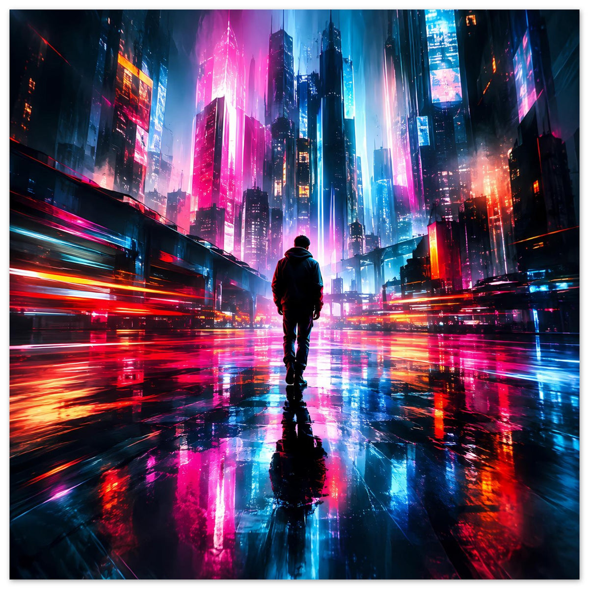 Hochformat-Cyberpunk-Poster: Neonhochhäuser und Lichtspuren mit Silhouette in der Mitte.