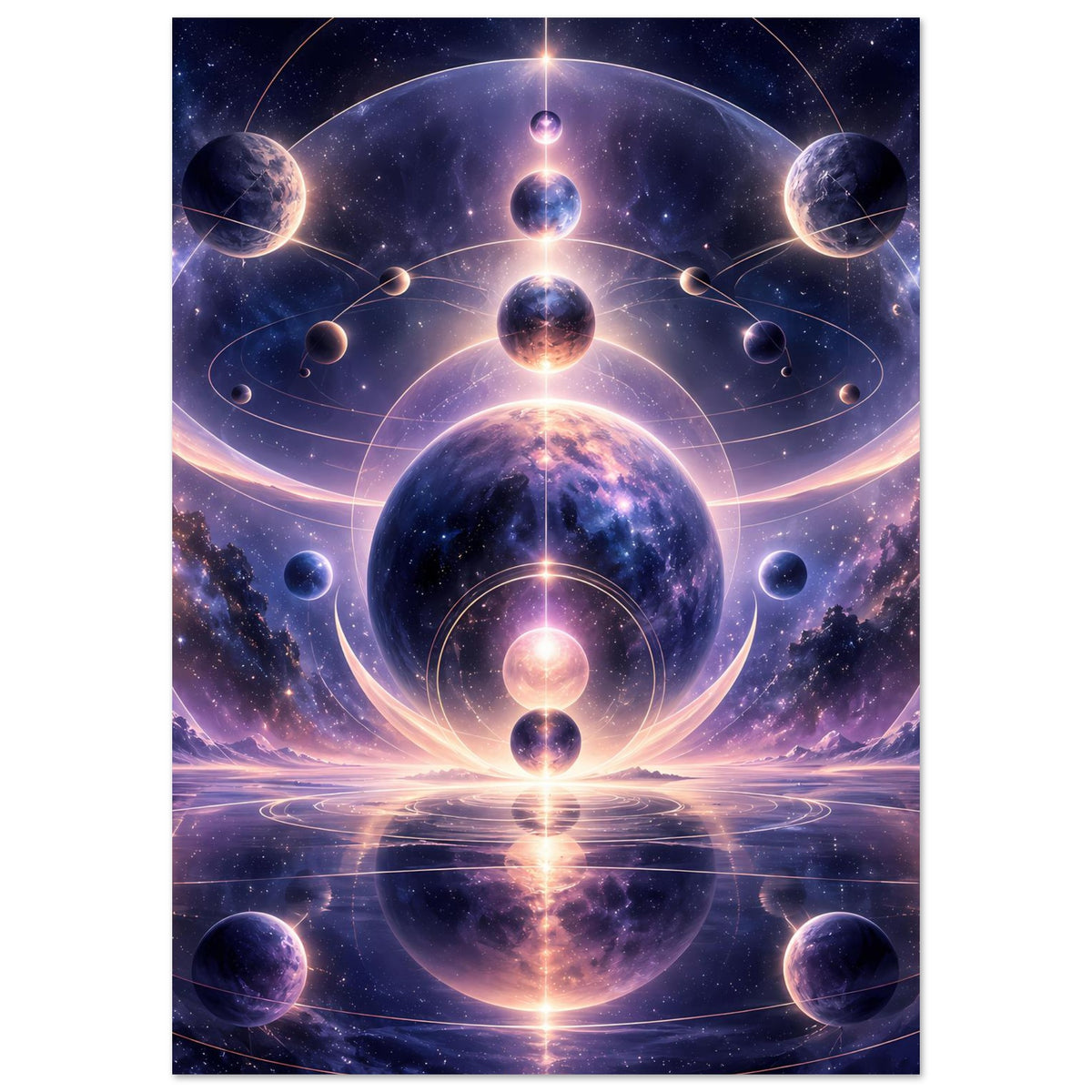 Vertikales Poster mit Weltraum-Motiv: Planeten, Kreise und symmetrisches Licht-Reflexionsbild