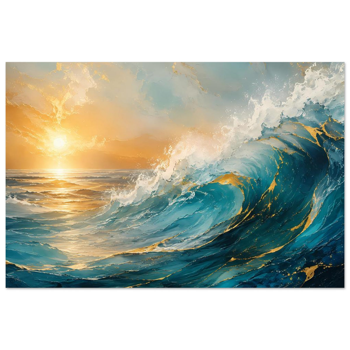 Premium-Poster mit strahlenden Ozeanwellen, goldener Sonnenaufgangsstimmung und türkisfarbenen Wogen