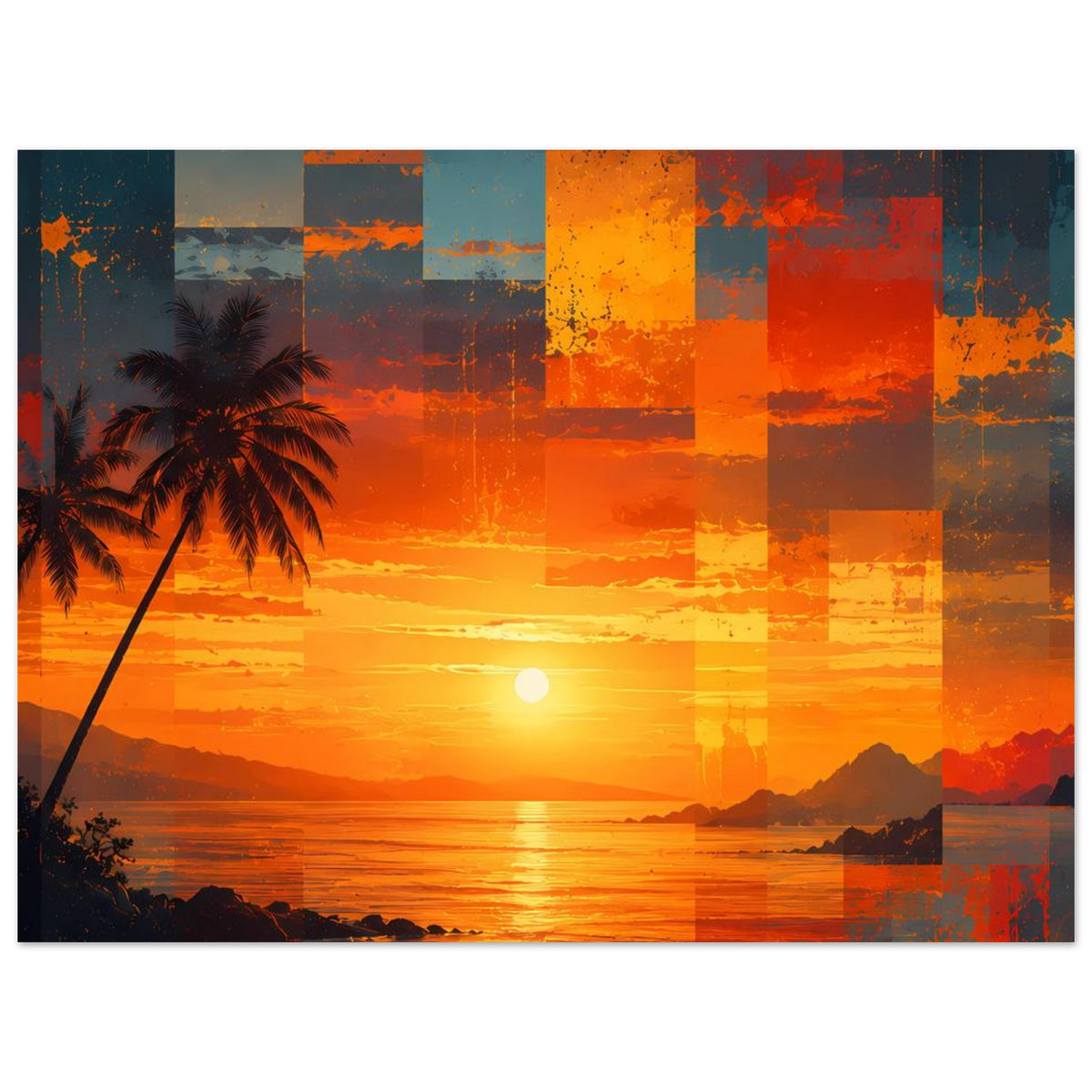 Kunstposter im Querformat: Sonnenuntergang über dem Meer, Palmen links, Sonne mittig, abstrakte Blöcke.