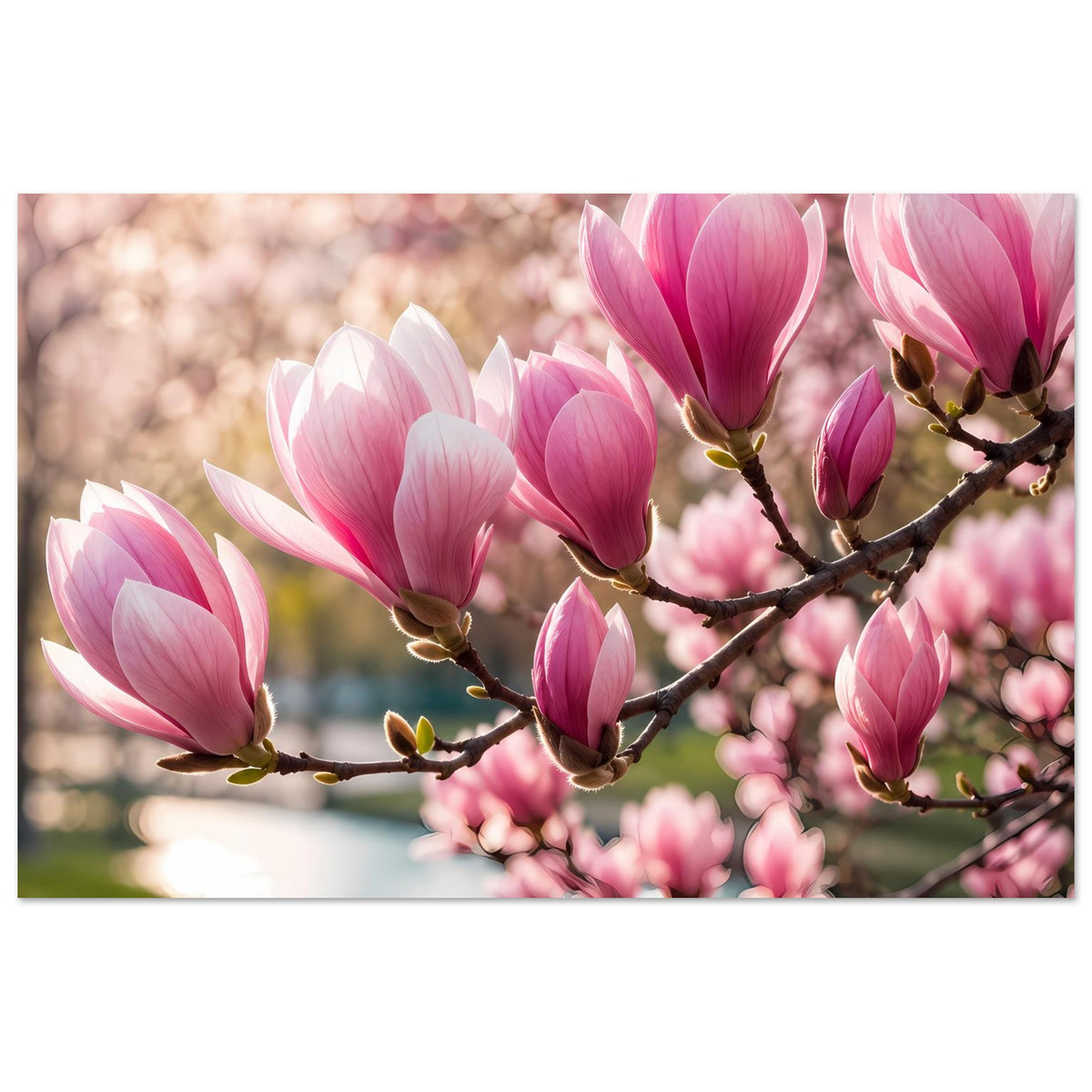 Blumenposter mit rosa/weißen Magnolienblüten und braunem Geäst
