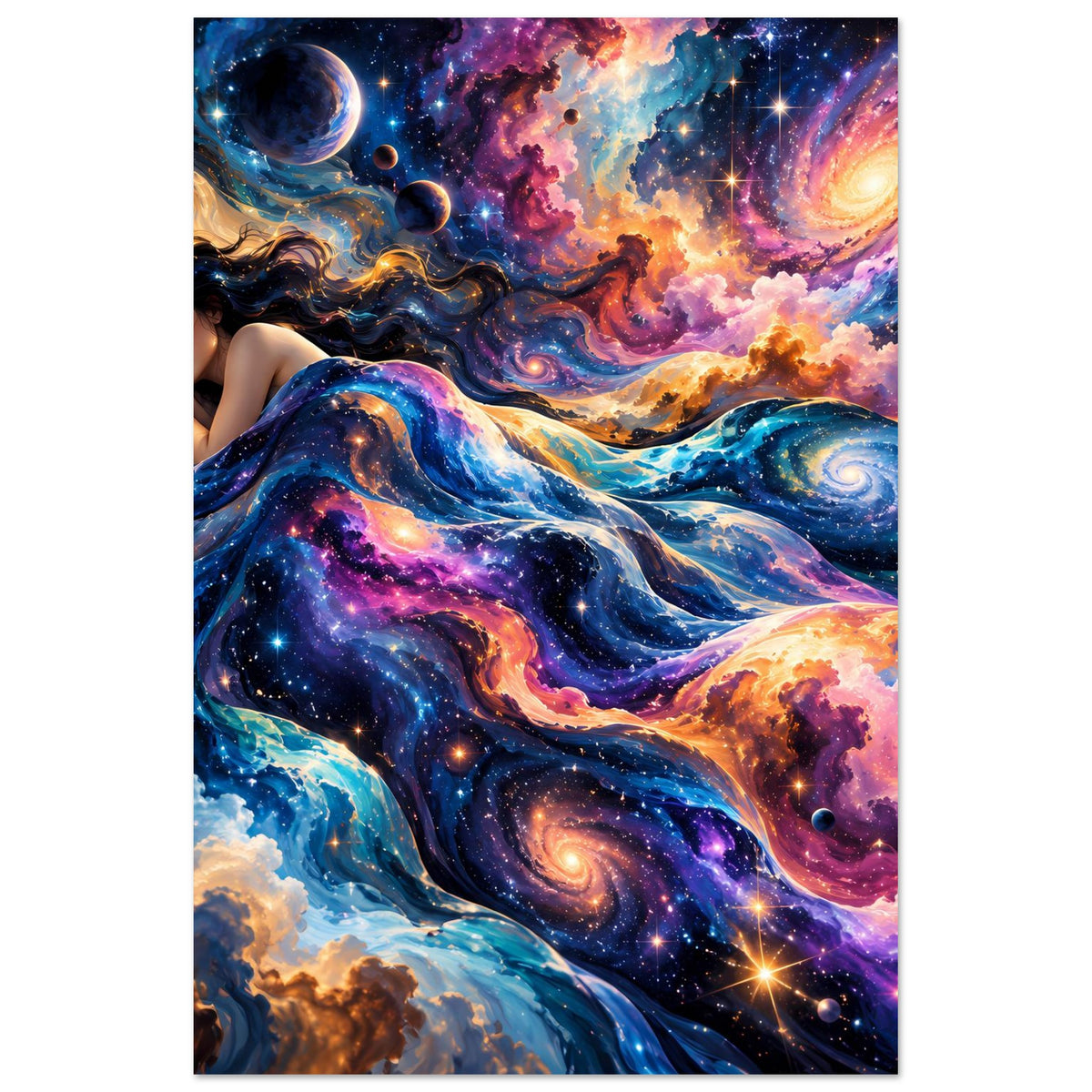 Galaxie-Poster im Hochformat: liegende Frau mit Sternendecke, Planeten und Nebel