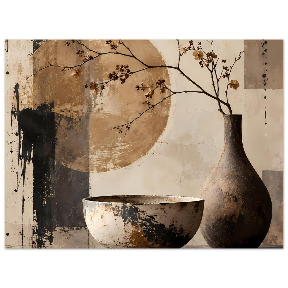 Horizontales Stillleben-Poster mit Keramikvase rechts, Keramikschale vorn und blühendem Ast