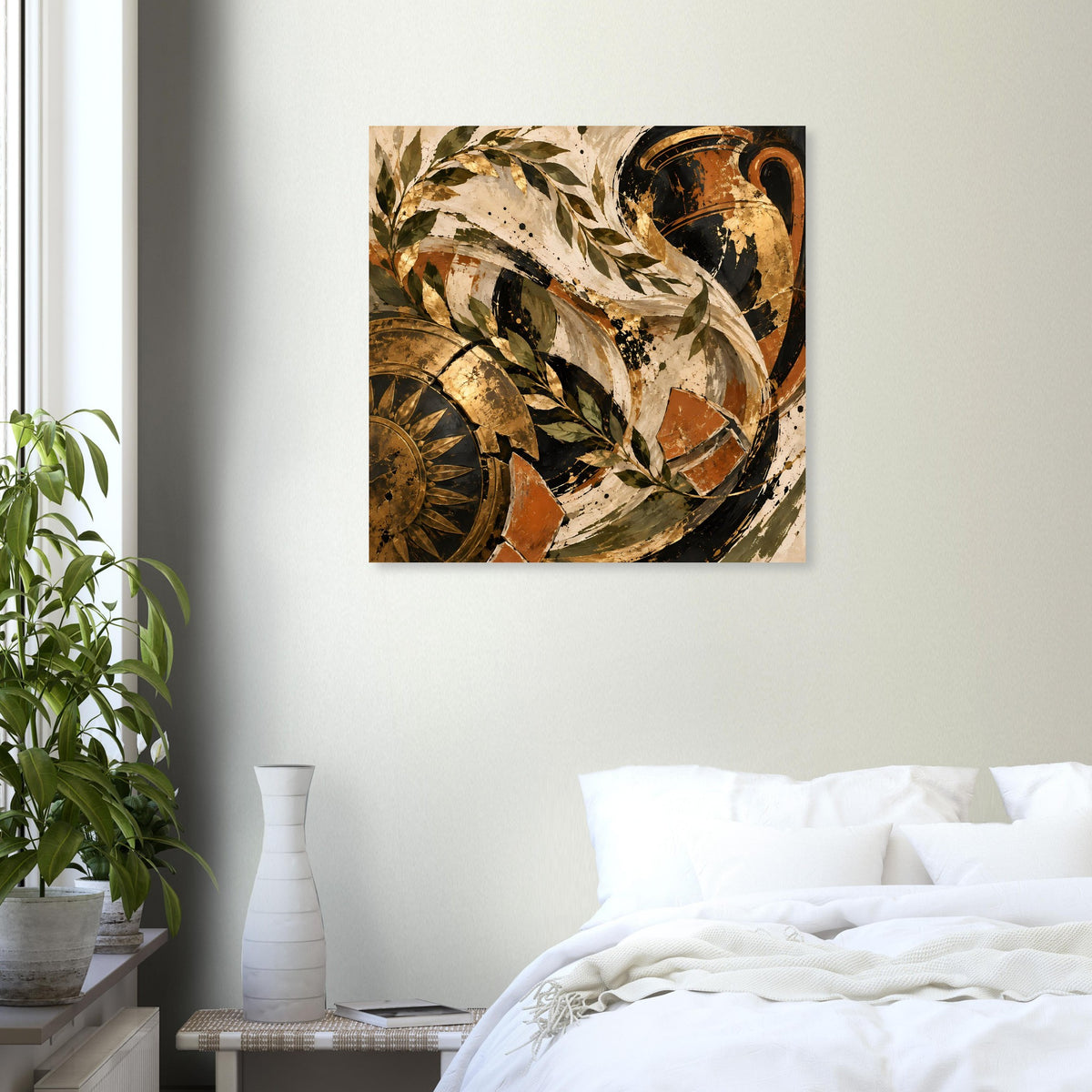 Quadratisches Vintage-Poster mit abstrakten Blättern, Gold- und Brauntönen, maskenartiger Form