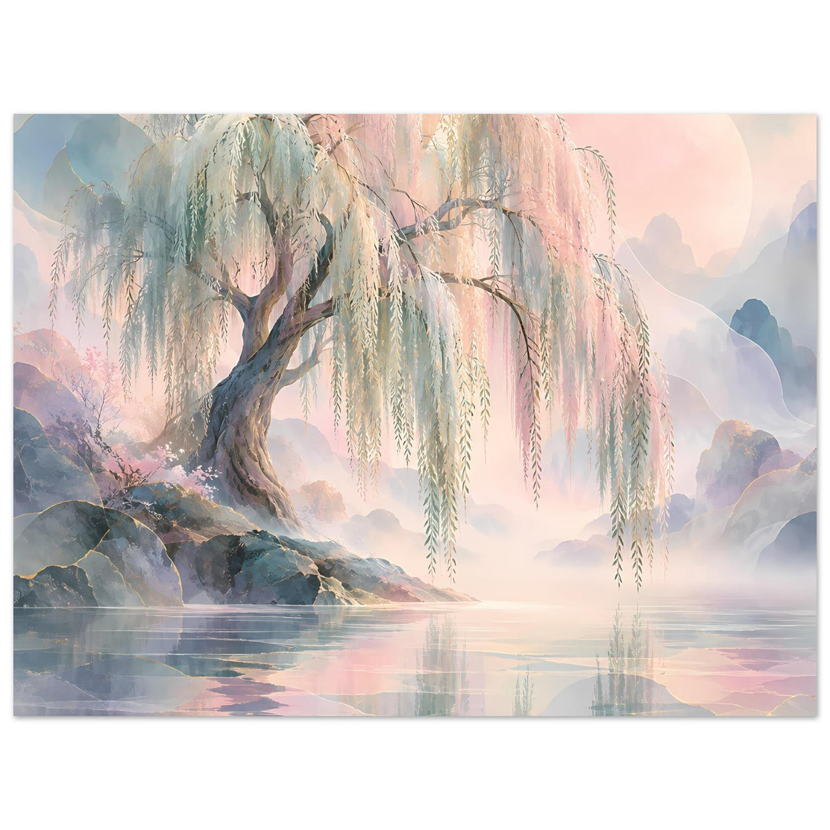 Naturposter mit Trauerweide und hängendem Geäst über Wasser; abstrakte Wolken und Pastellton