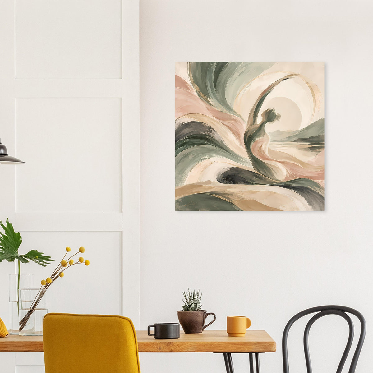 Quadratisches abstraktes Kunstposter mit geschwungenen Farbflächen in Grün, Beige und Creme.