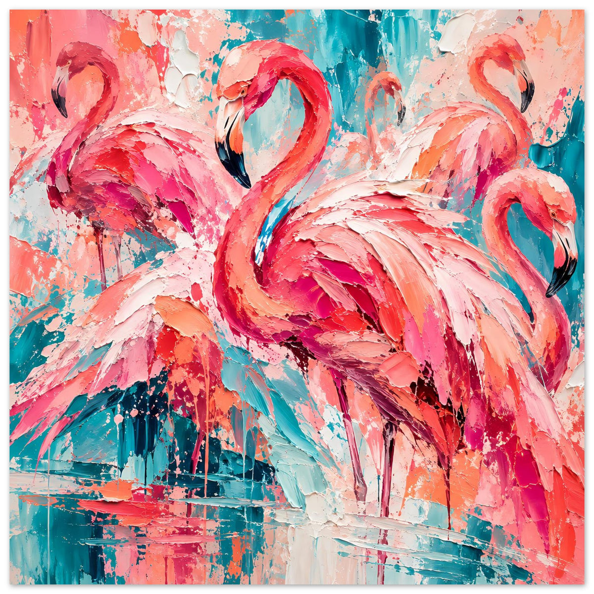 Poster mit großem Flamingo-Motiv in Pink und Türkis, Pinsel- und Spritzoptik