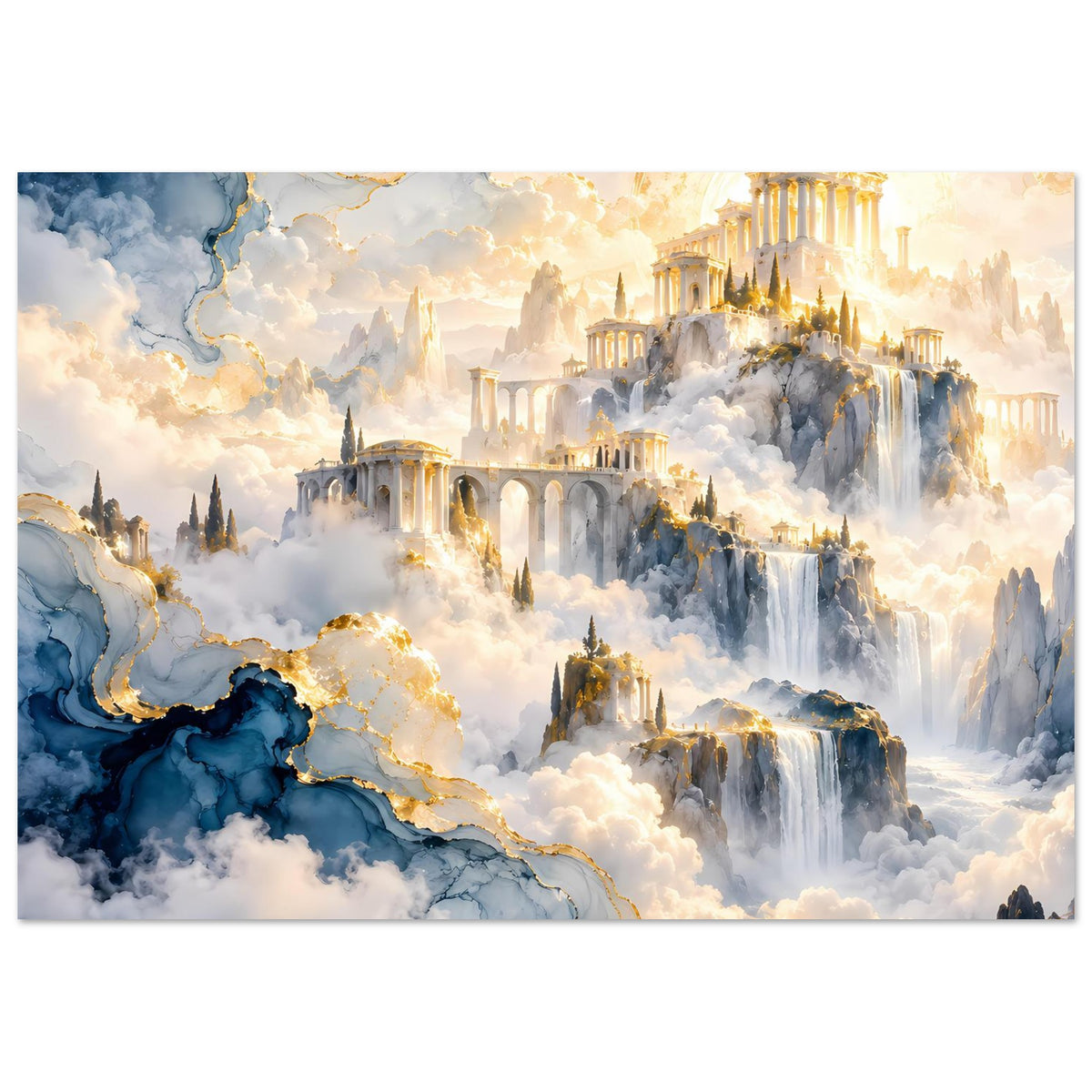 Kunstposter im Querformat mit goldglänzender Säulenfront, Wasserfällen und blauen Bergen