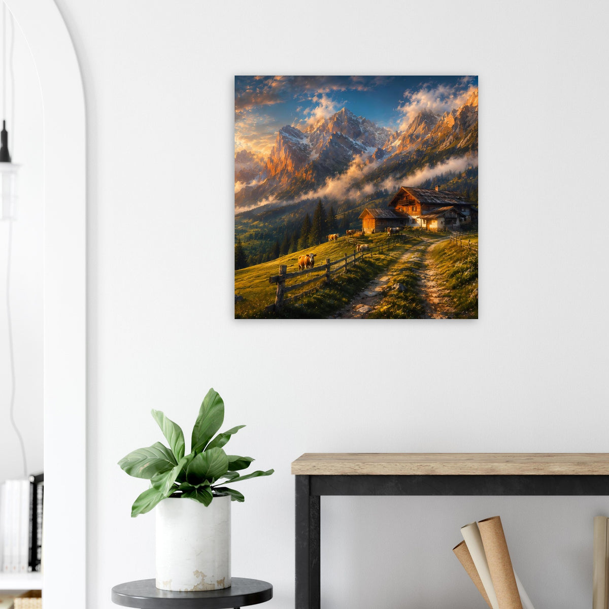 Poster an der Wand mit Almhütte auf Wiesenweg, Berggipfeln und orangefarbenem Himmel
