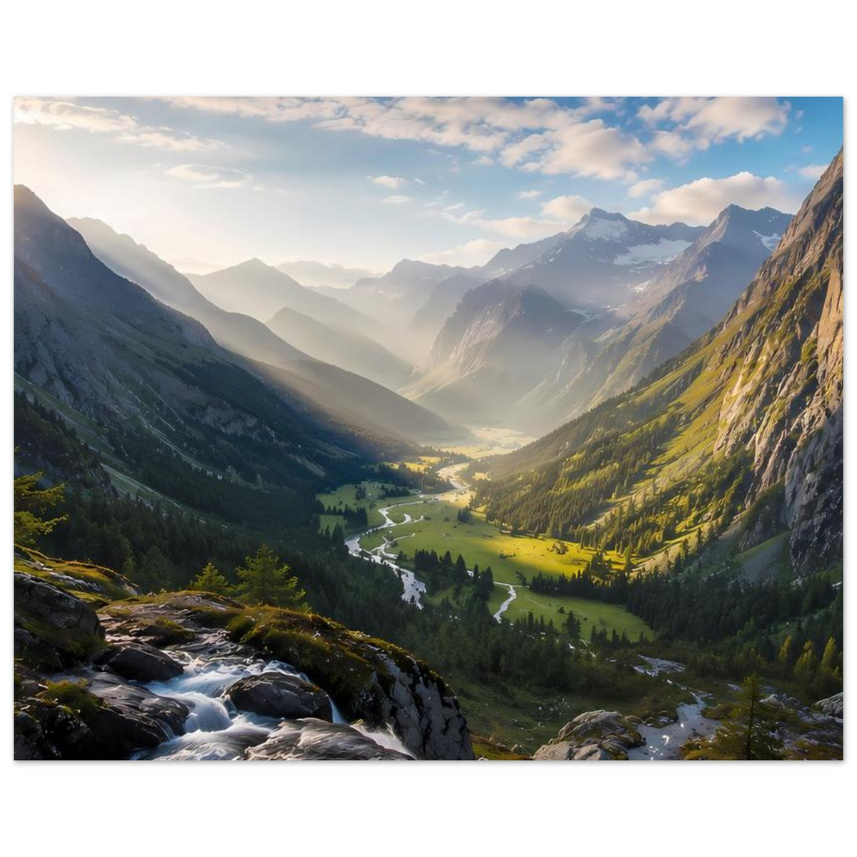 Landschafts-Poster mit Bergtal, Fluss und Sonnenschein, Querformat