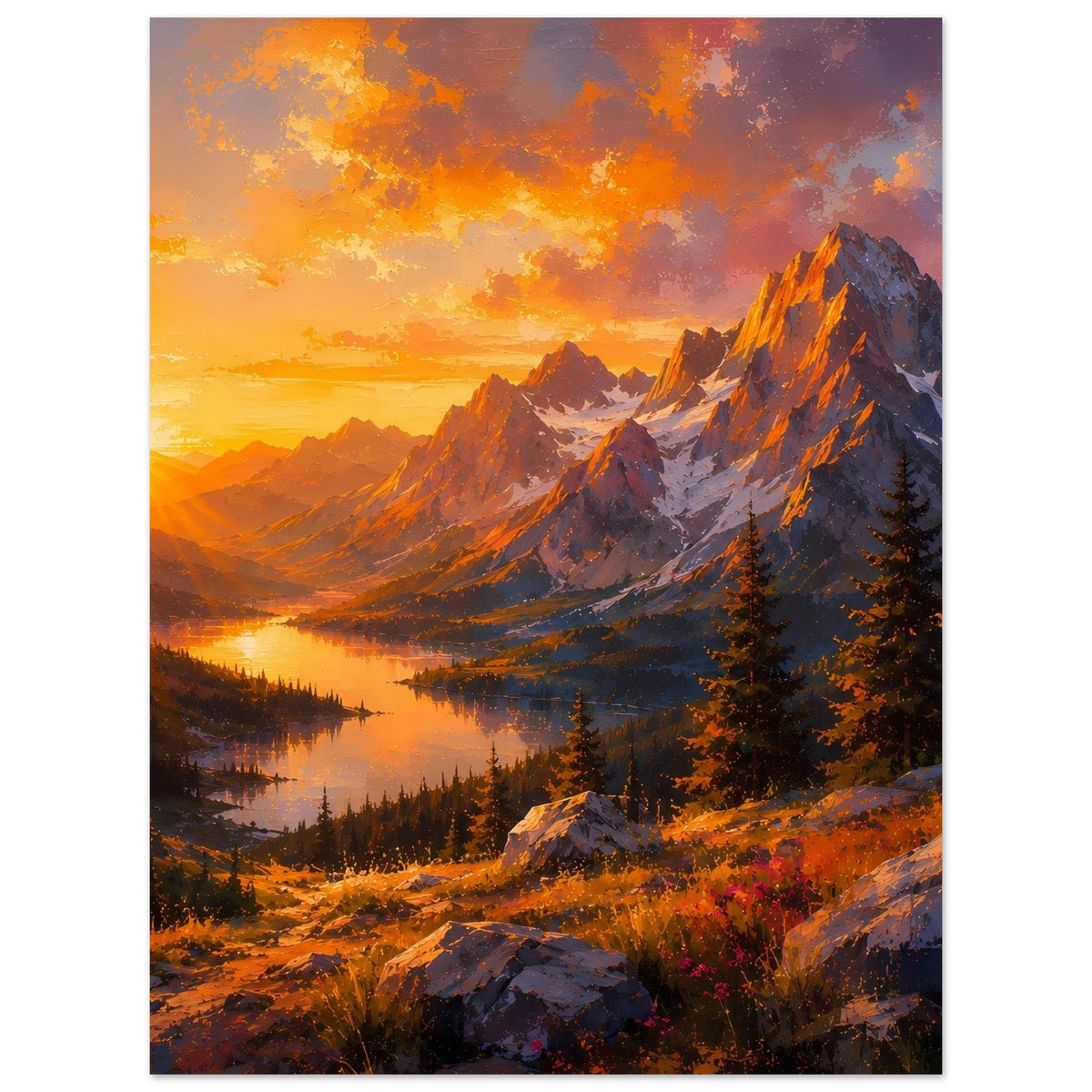 Poster Sonnenuntergang: Gebirge über See mit Tannen, vertikal