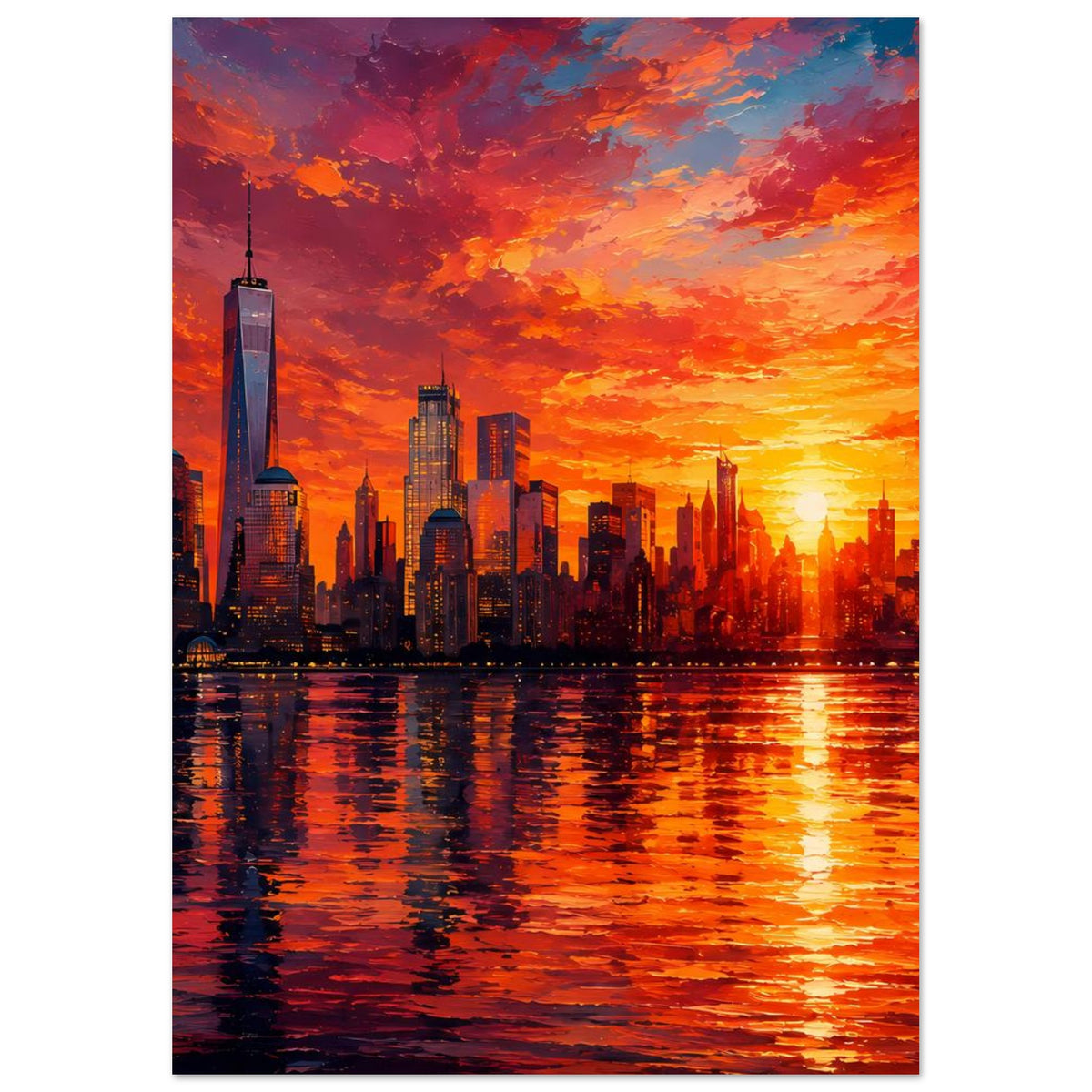 Hochformat-Poster mit New York Skyline und One World Trade Center im orange-roten Abendlicht