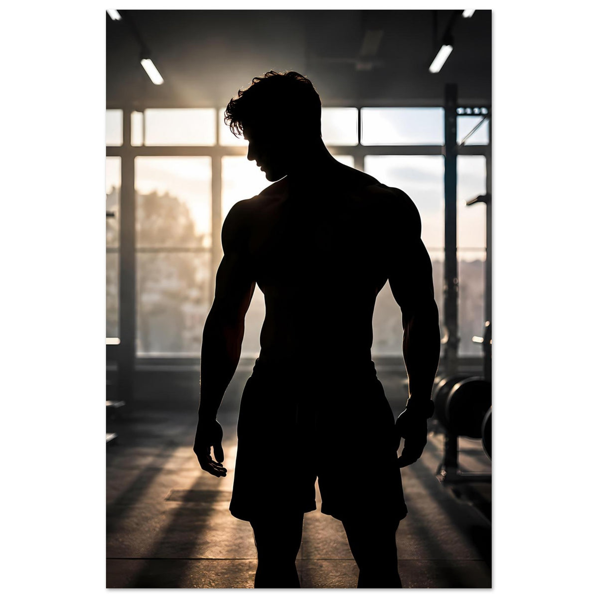 Vertikales Poster mit Silhouette eines Mannes im Fitnessstudio, volle Körperansicht