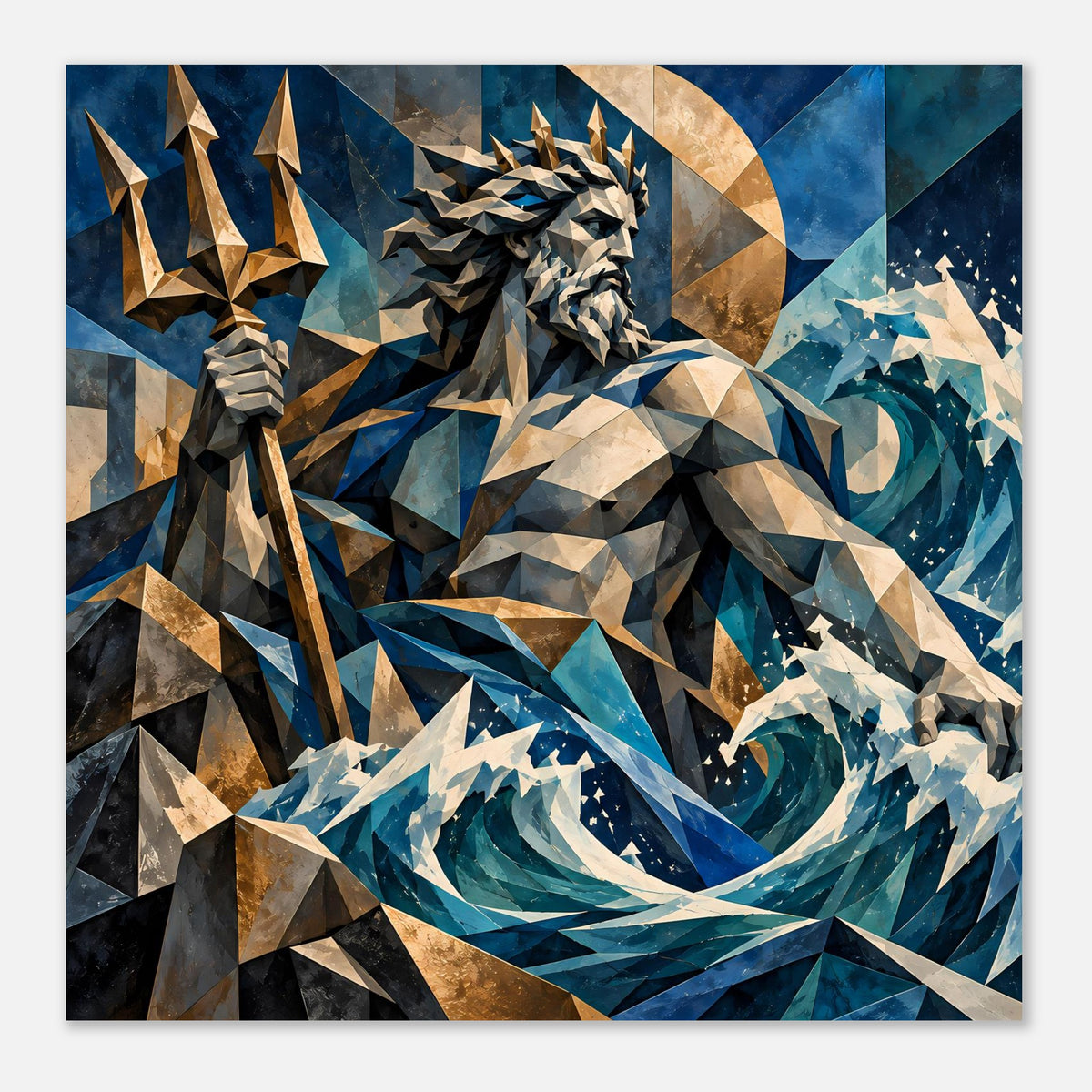 Geometrisches Poseidon-Poster, quadratisch: Dreizack und Wellenkunst in Blau-Gold, polygonales Meer.