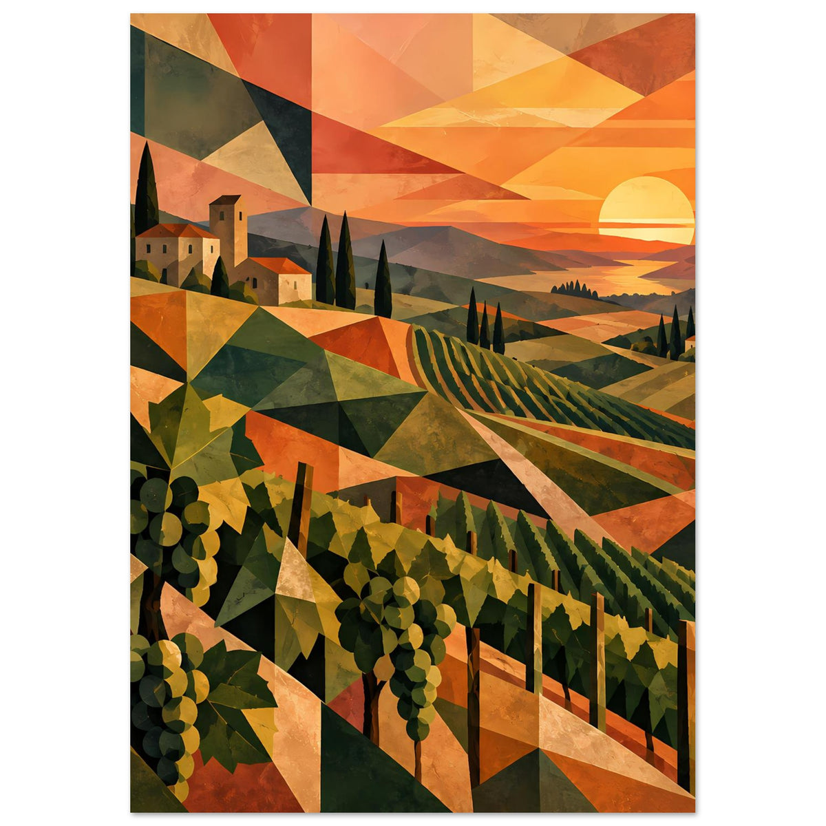 Vertikales Poster zeigt Weinreihen, Häuser und geometrische Sonnenlandschaft im Sonnenuntergang