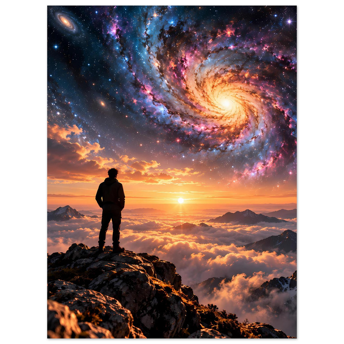 Wandposter: Wanderersilhouette auf Felsen, dahinter Spiralgalaxie, Himmel mit tiefem Sonnenuntergang