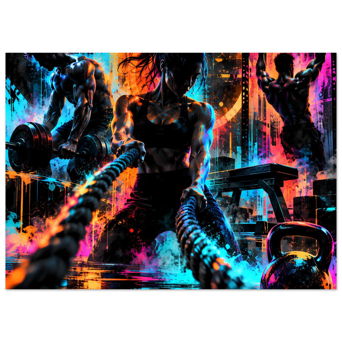 Fitness-Poster mit zentraler Athletin und leuchtenden Trainingsdetails, Hantel und Neon-Farbexplosion