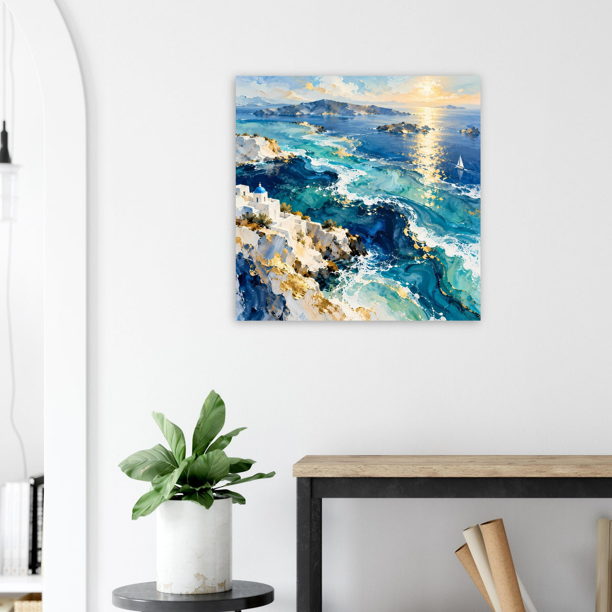 Posterdruck mit Küstenlinie, türkisblauem Meer, leuchtendem Himmel und weißen Küstentürmen