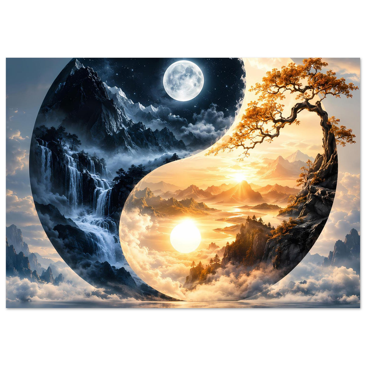 Yin-Yang-Landschaftsposter mit Mond- und Sonnenhimmel, Wasser und Baum, Yin-Yang-Form