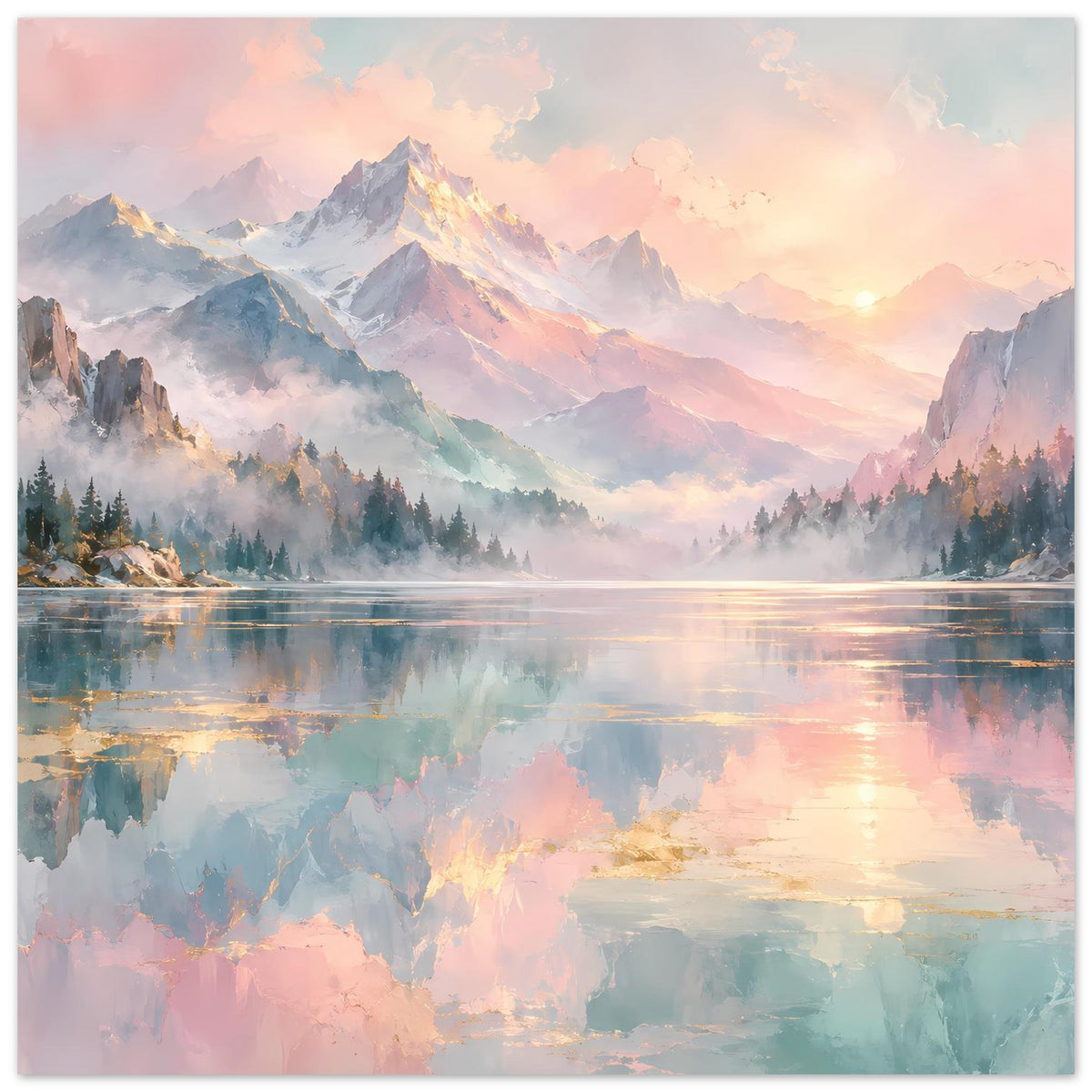 Poster im Hochformat mit Pastell-Bergen, Waldsilhouetten und spiegelndem See